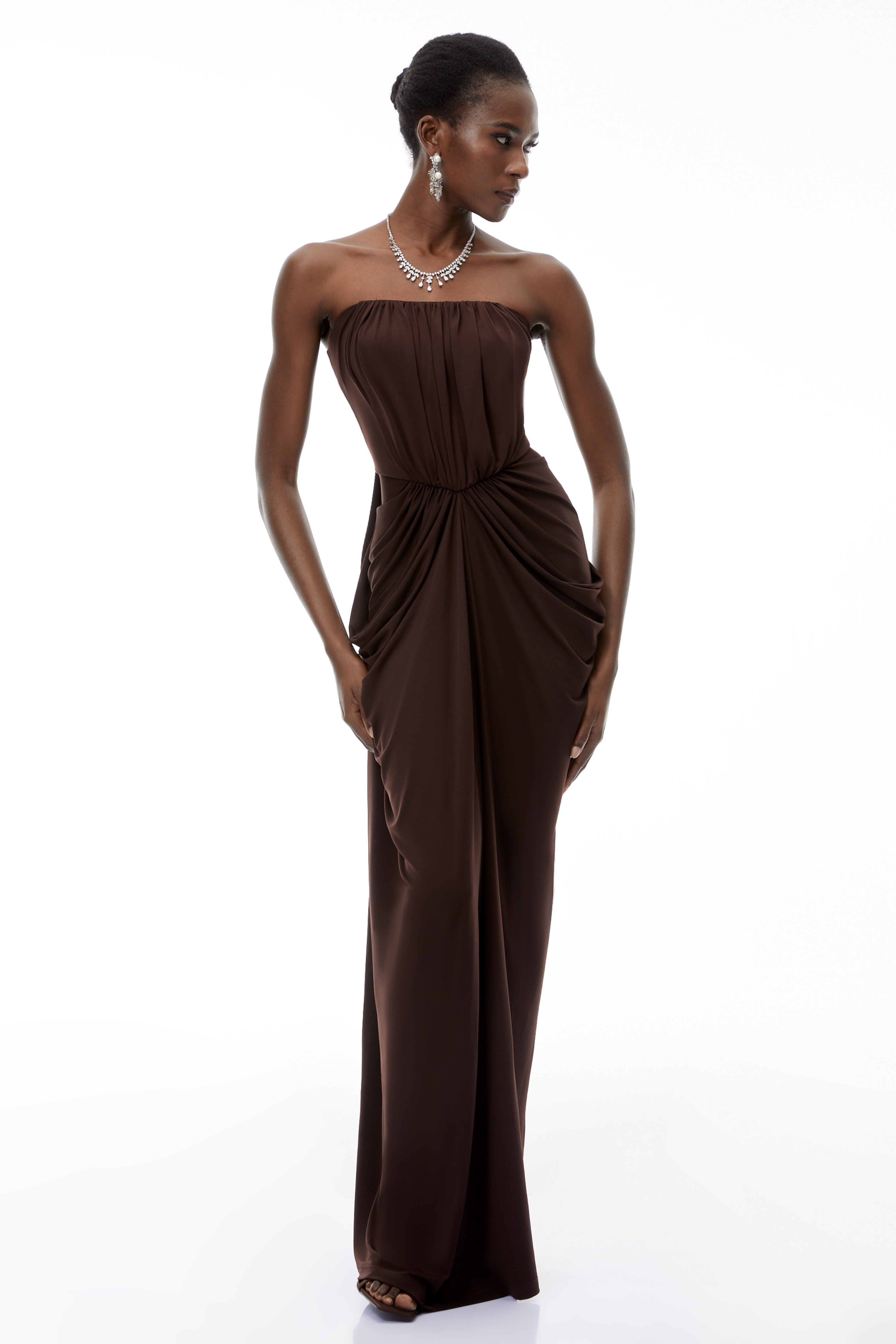 Brown Off-Shoulder Ruched Dress