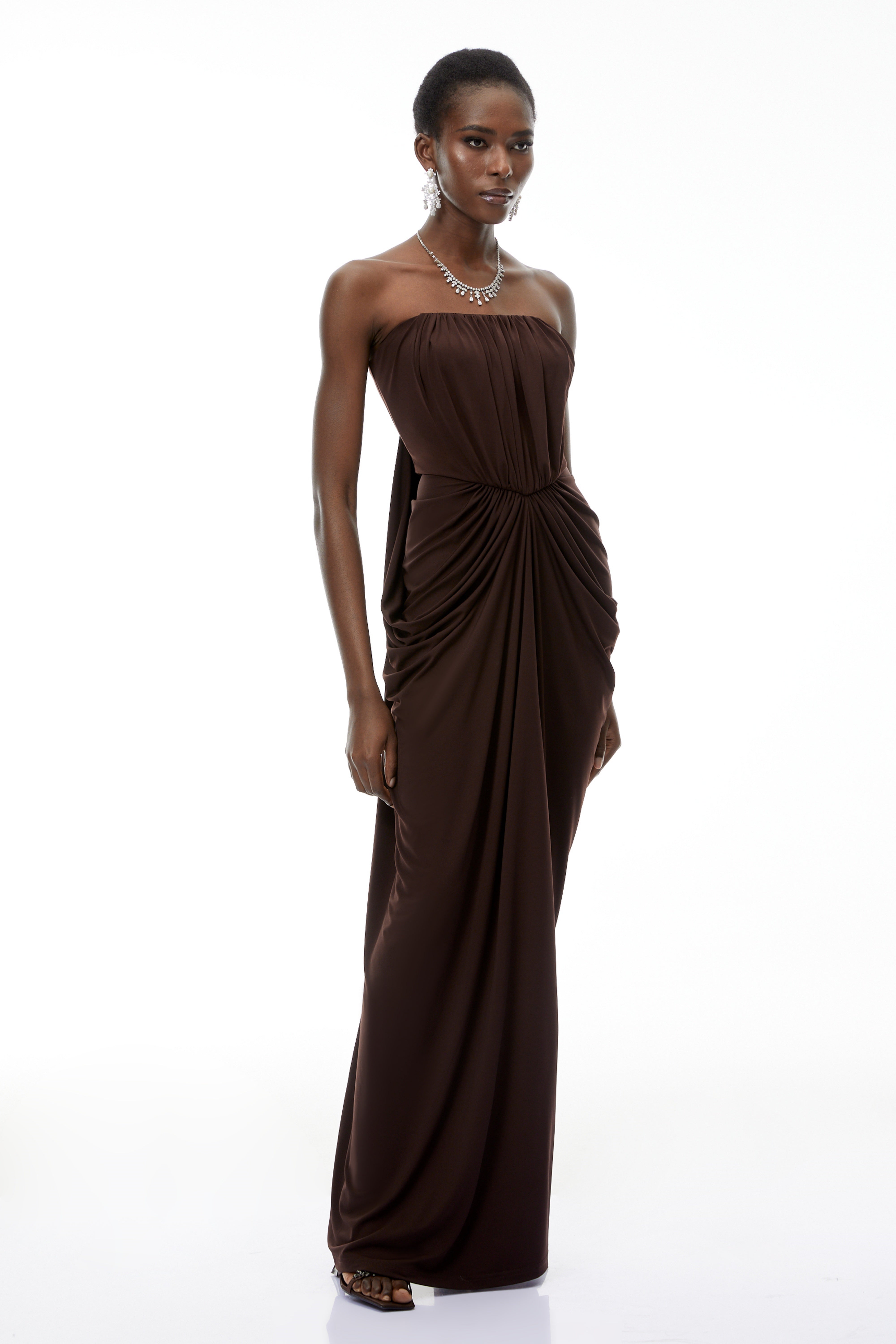 Brown Off-Shoulder Ruched Dress