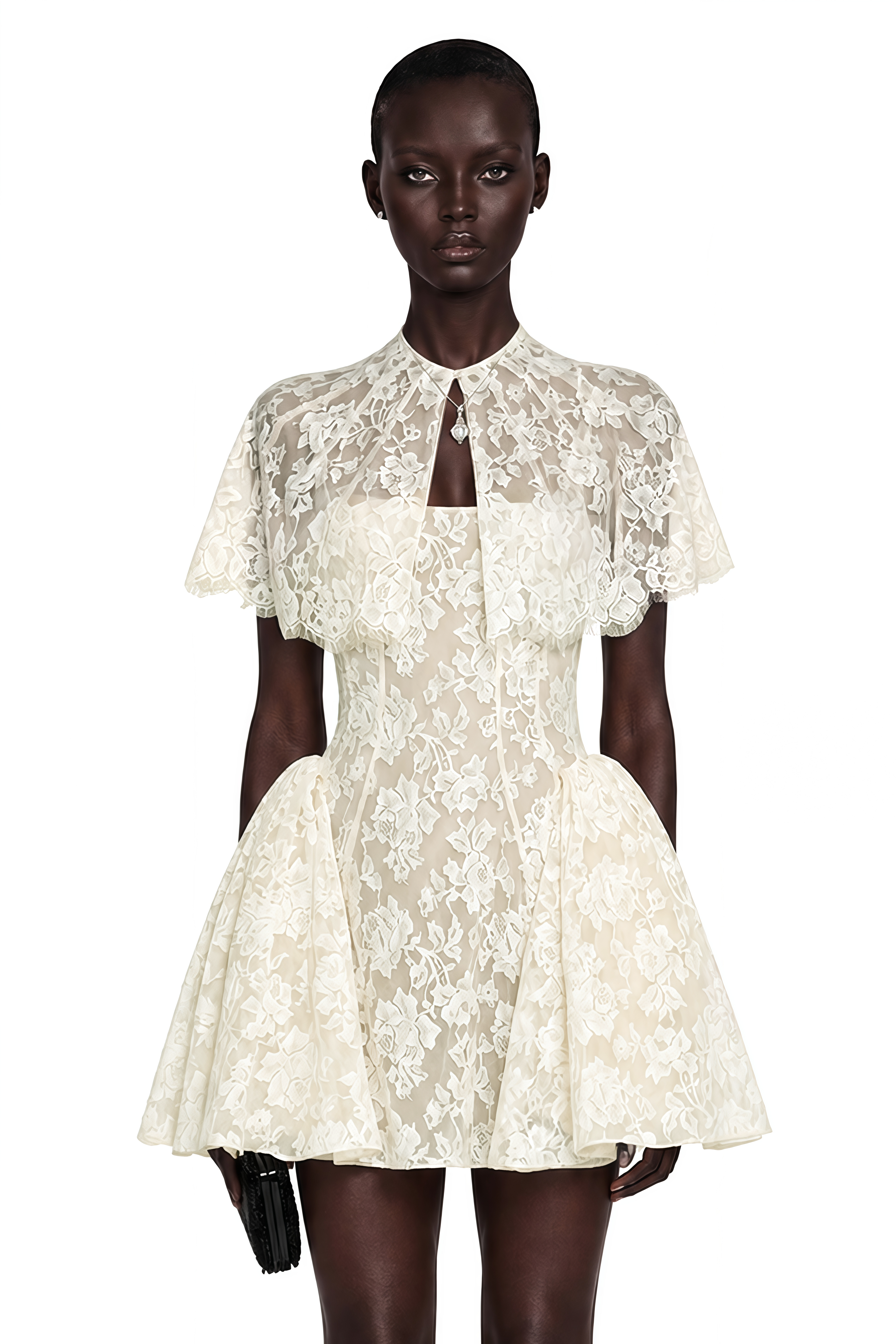 White lace mini dress with a structured flared skirt, keyhole neckline, and short flutter cape sleeves