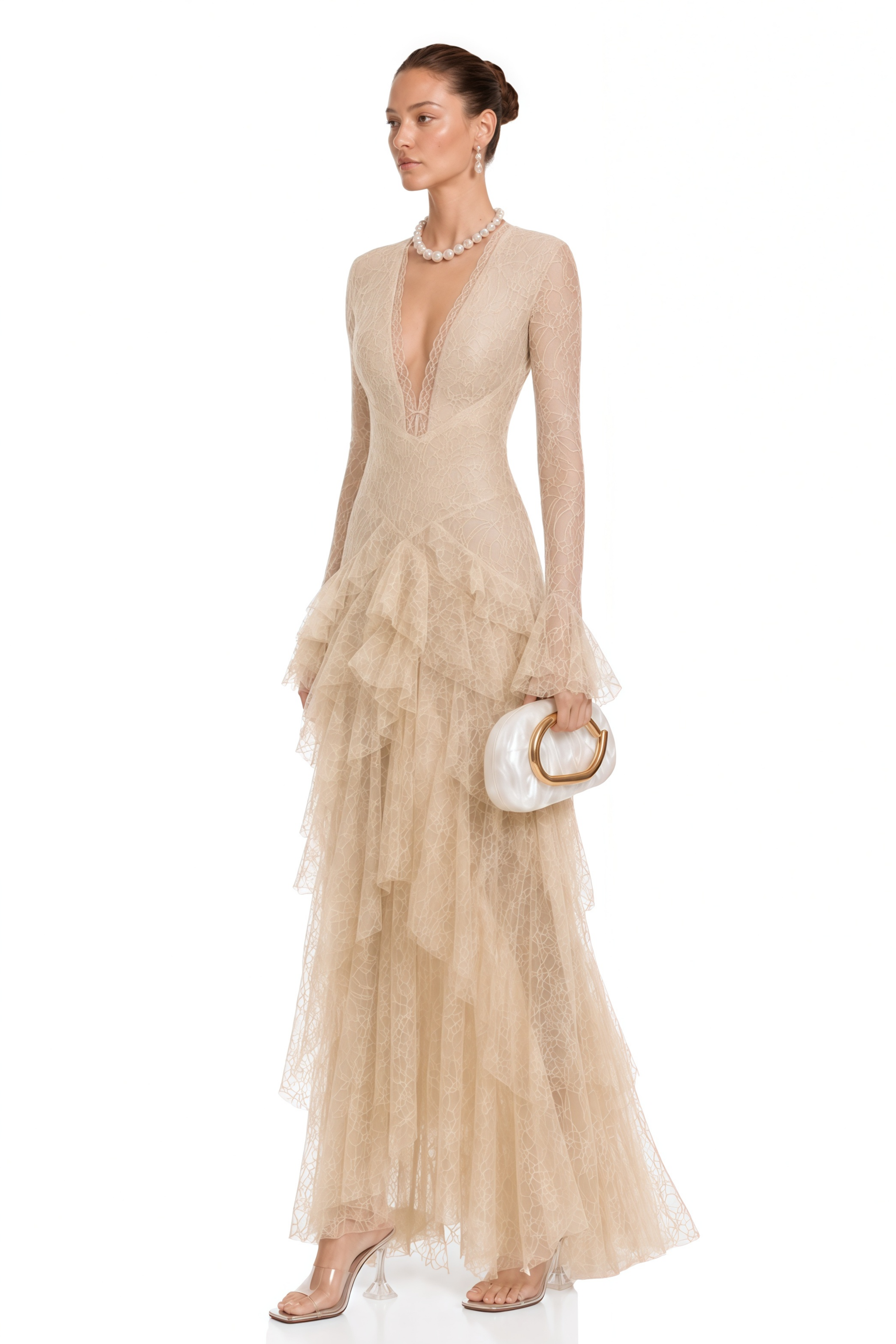 Beige lace gown with a tiered ruffled skirt