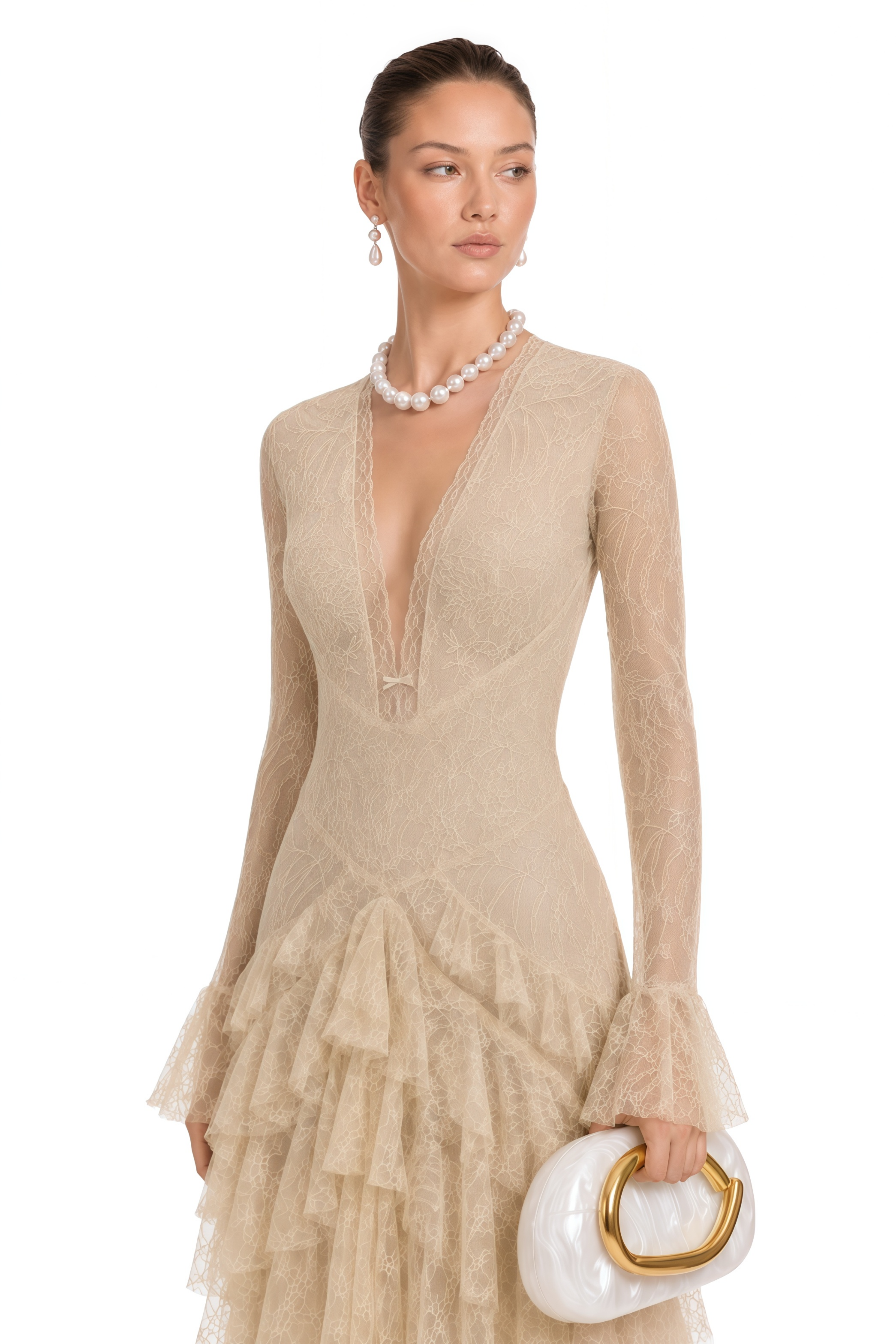 Beige lace gown with a tiered ruffled skirt
