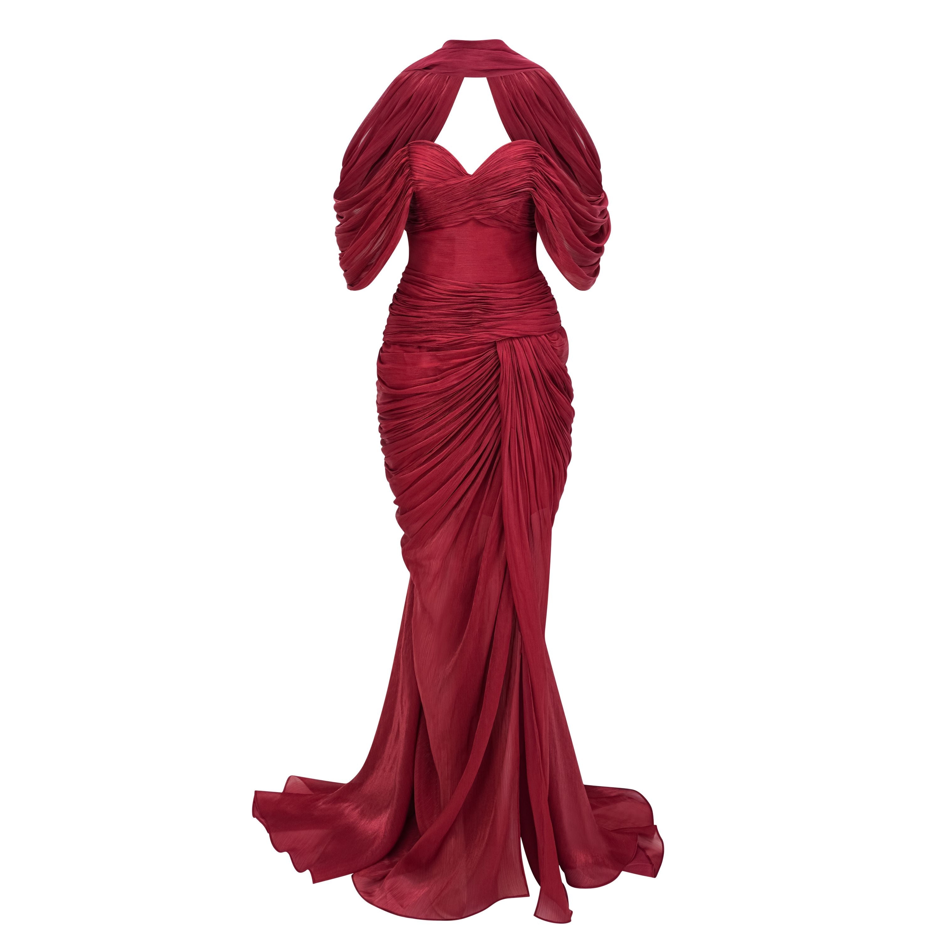 Hazel Burgundy Asymmetrical Draped Maxi Dress (Final Sale-US Only)