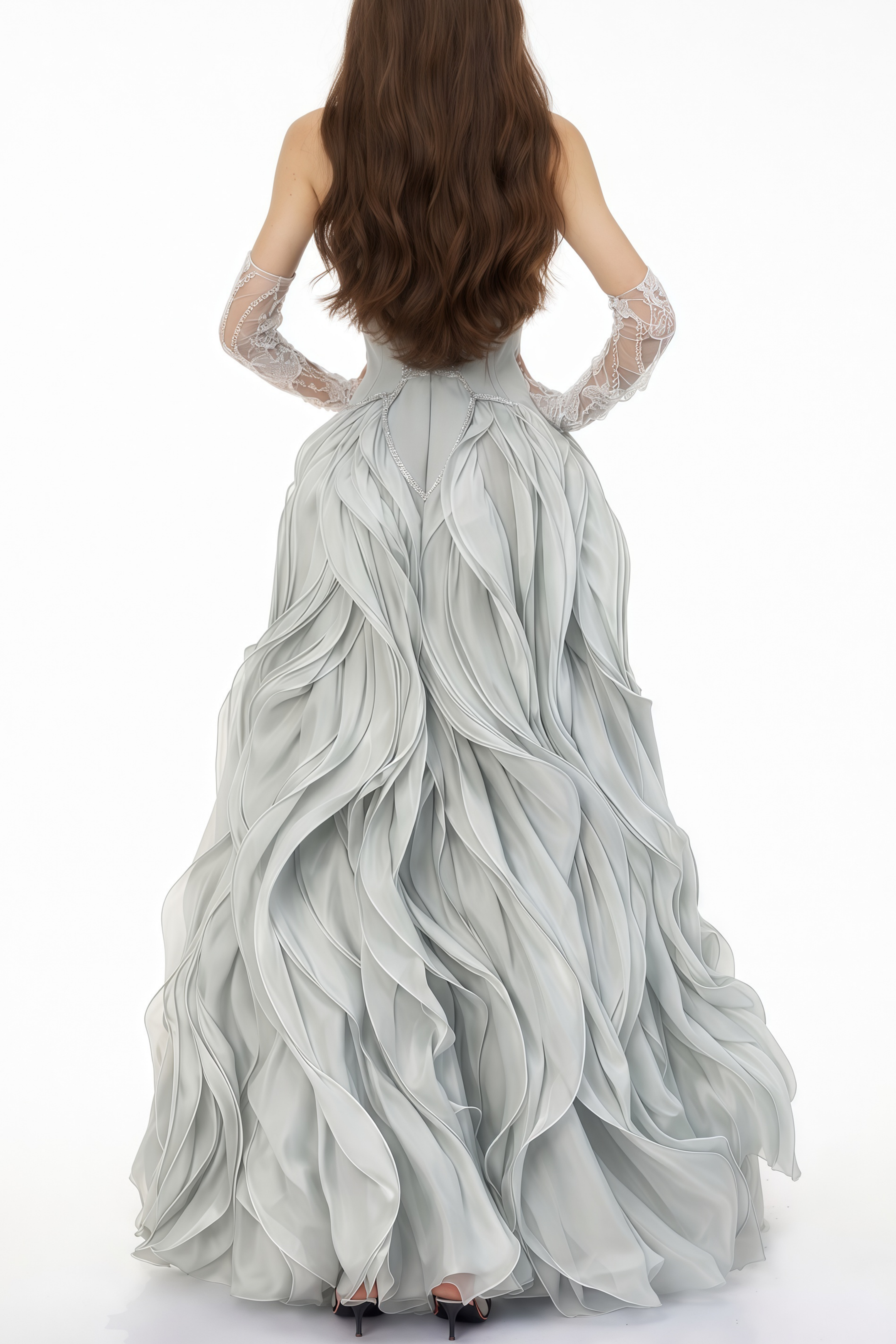 Dusty blue maxi dress with a pearl-embellished corset bodice and a tiered ruffled organza skirt