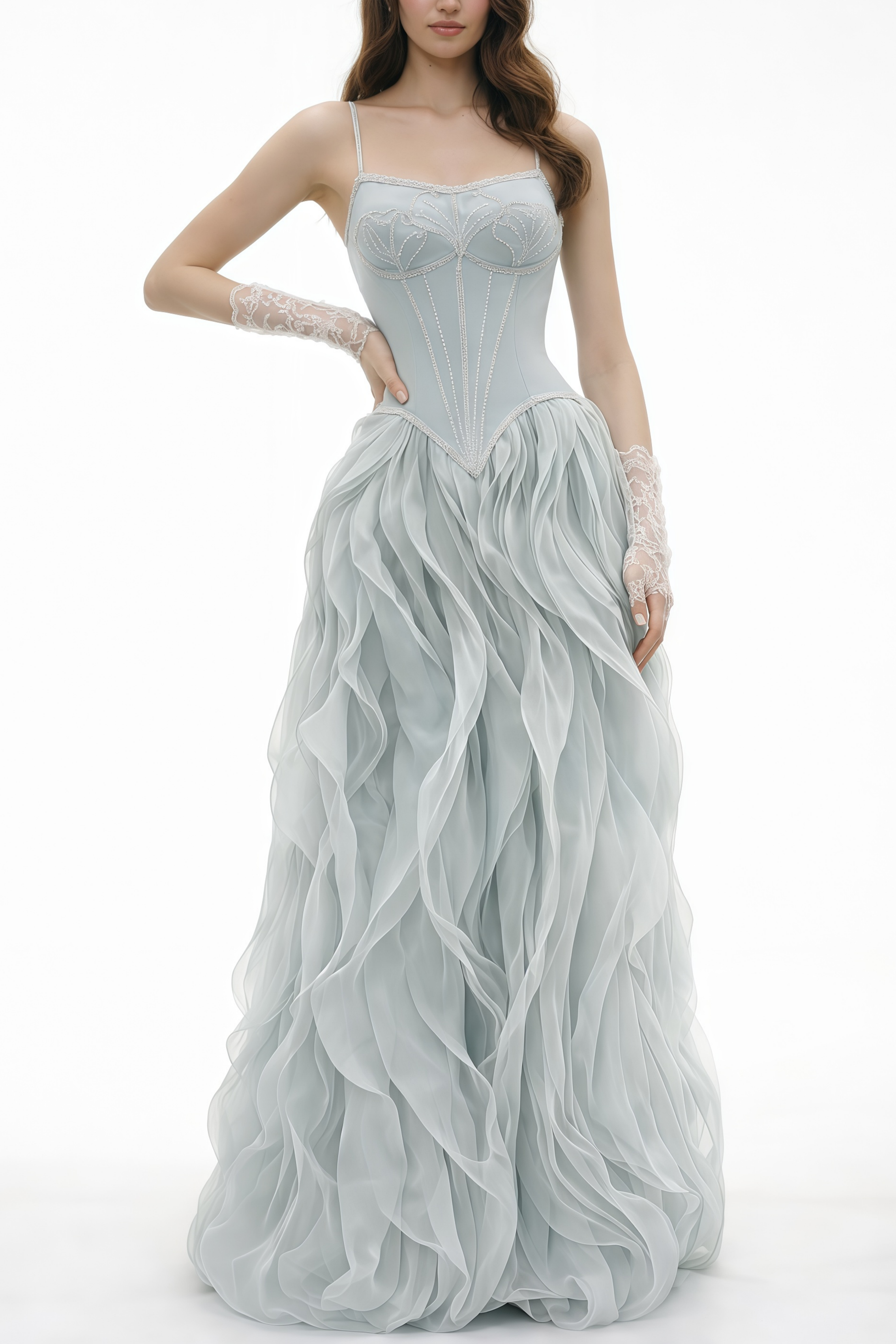 Dusty blue maxi dress with a pearl-embellished corset bodice and a tiered ruffled organza skirt