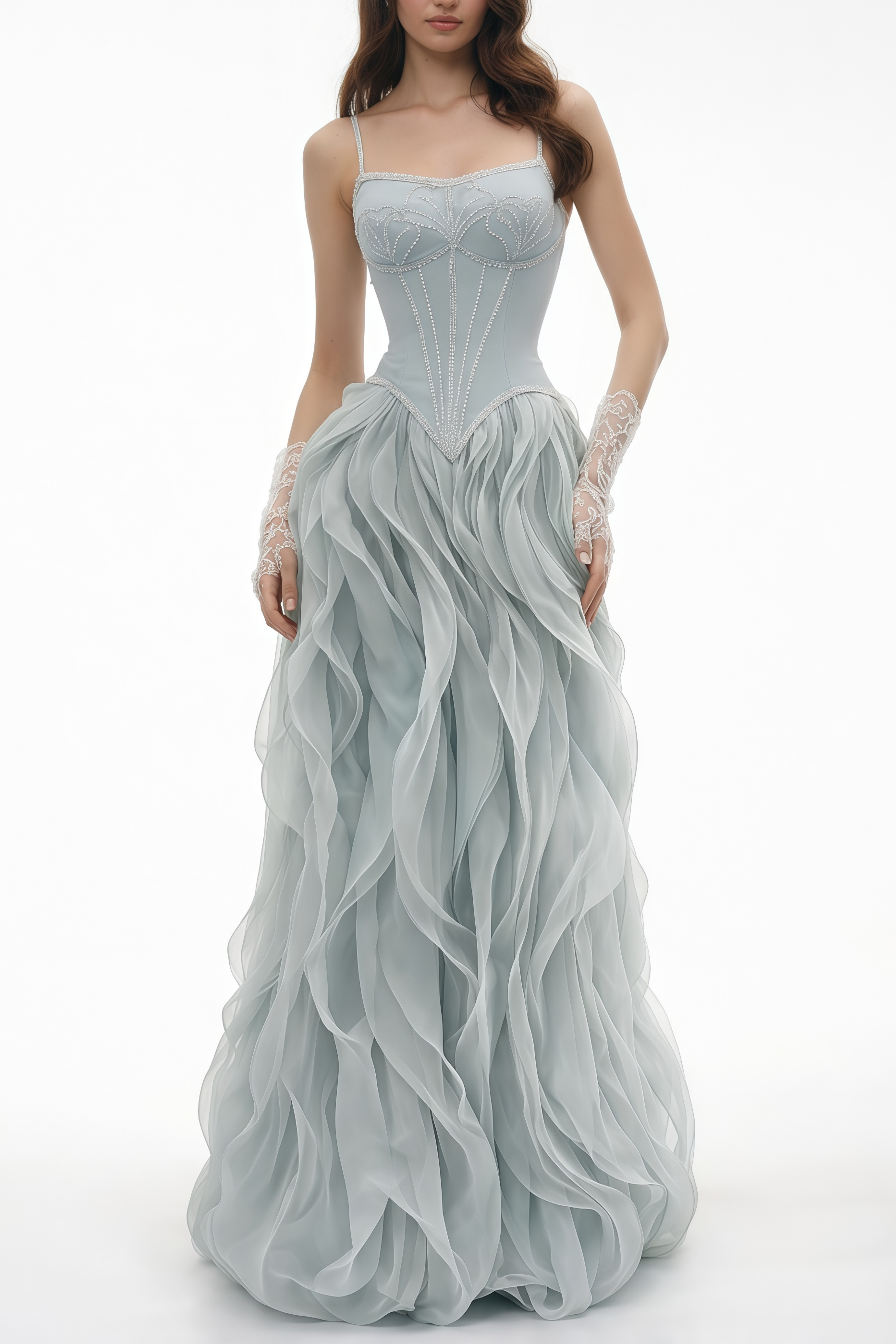 Dusty blue maxi dress with a pearl-embellished corset bodice and a tiered ruffled organza skirt