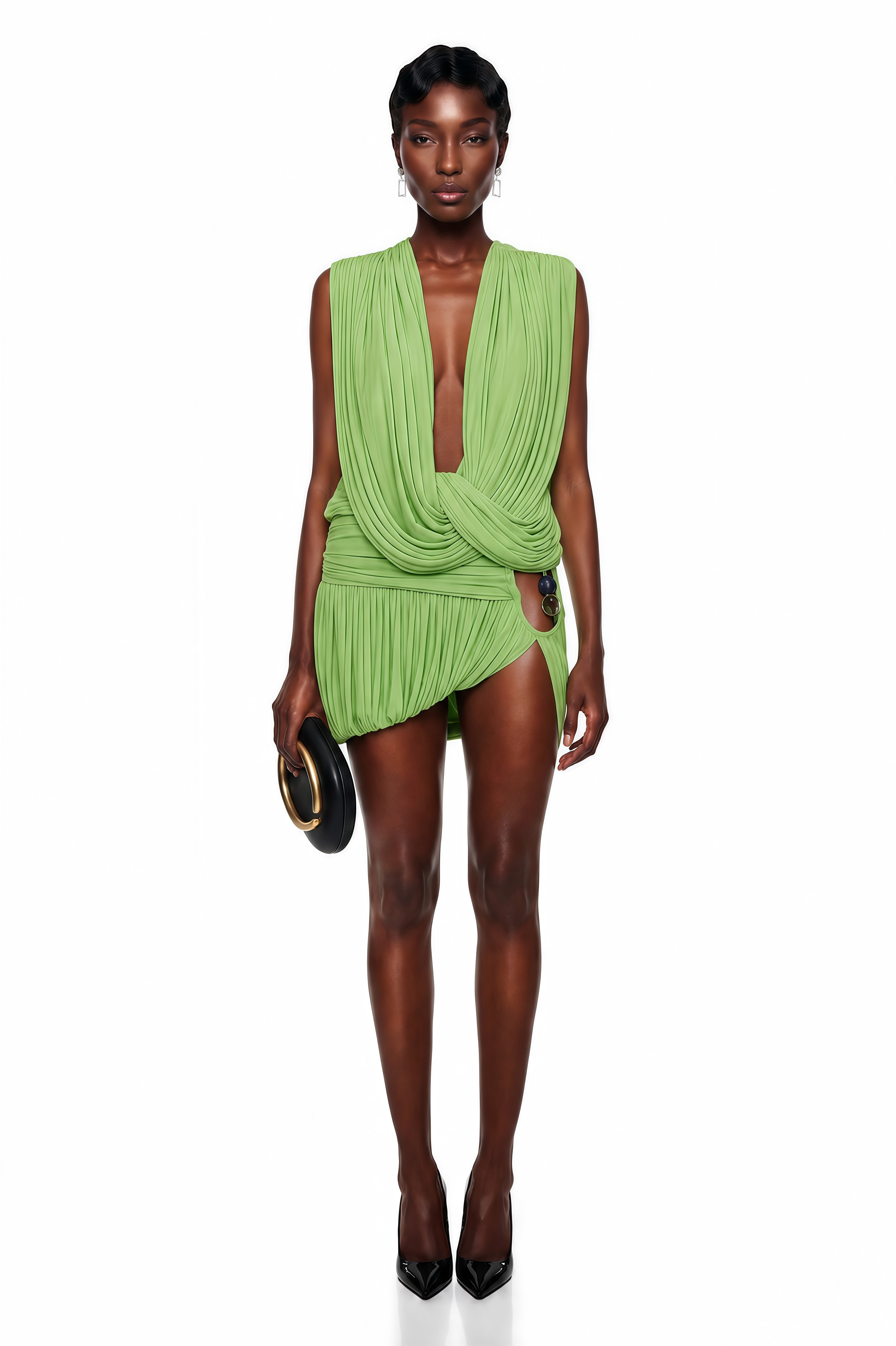 Champagne satin maxi dress with a draped cowl neckline, asymmetric straps, and a high leg slit
