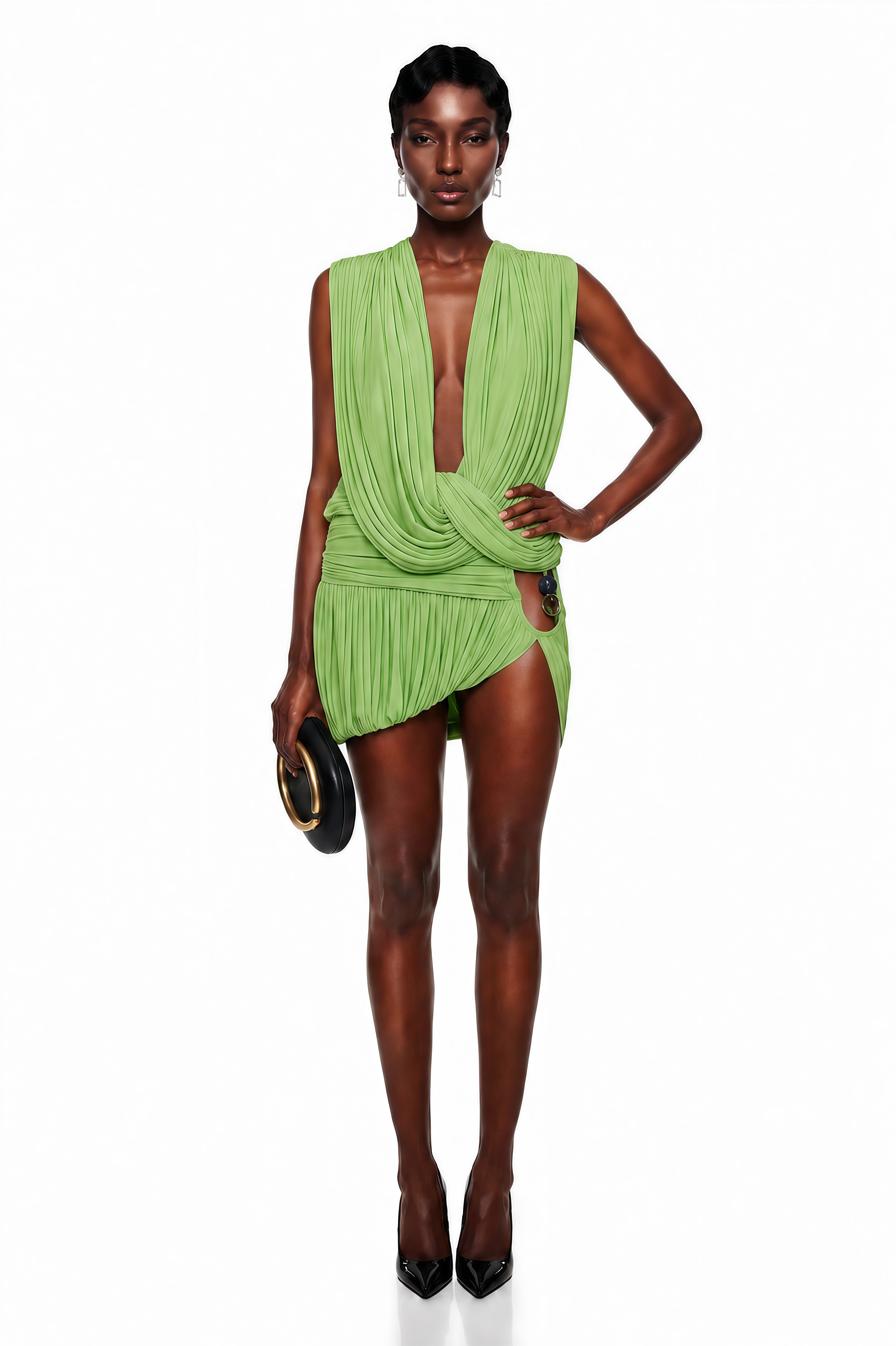 Champagne satin maxi dress with a draped cowl neckline, asymmetric straps, and a high leg slit