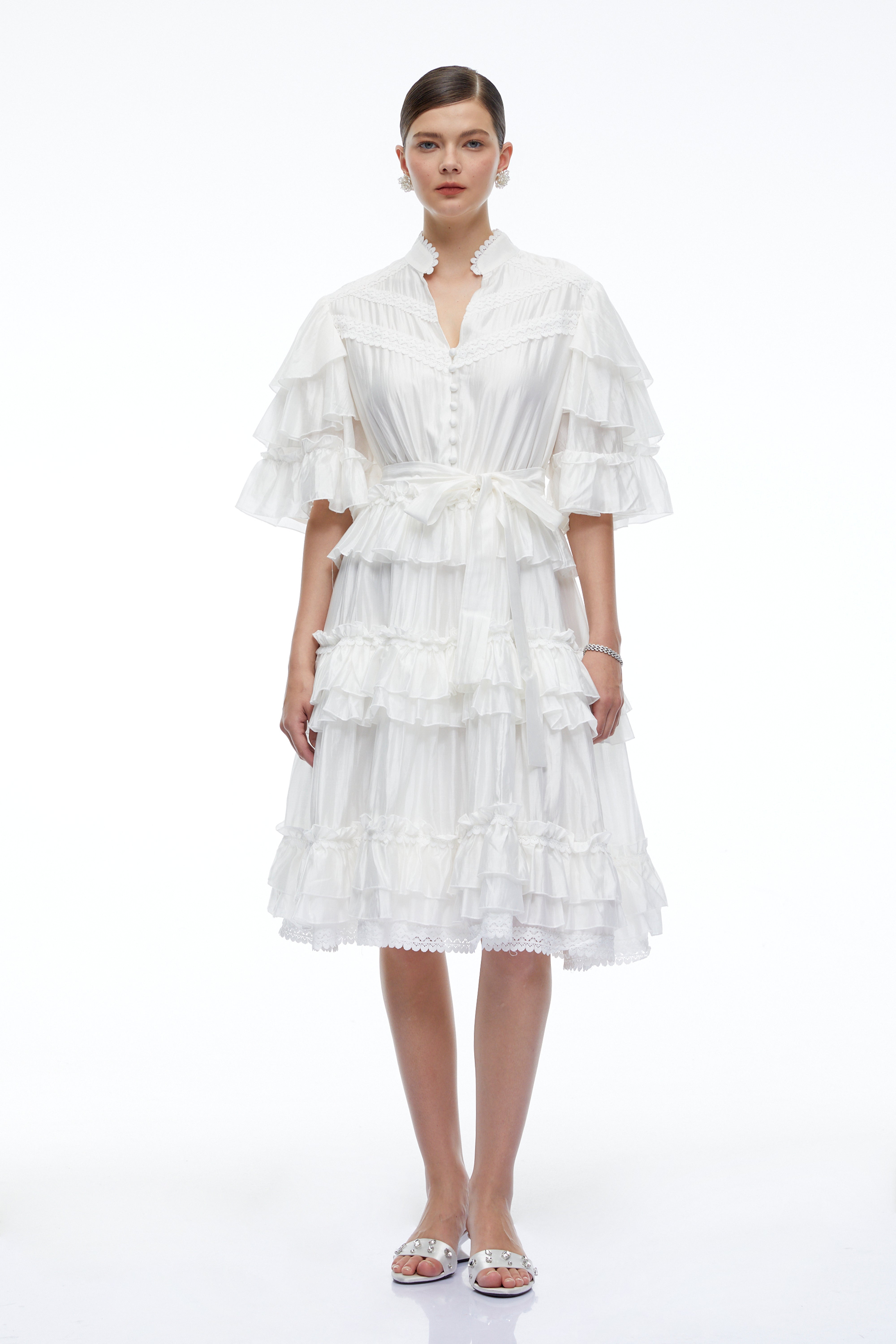 Ilaria White Tiered Short Sleeves Mini Dress