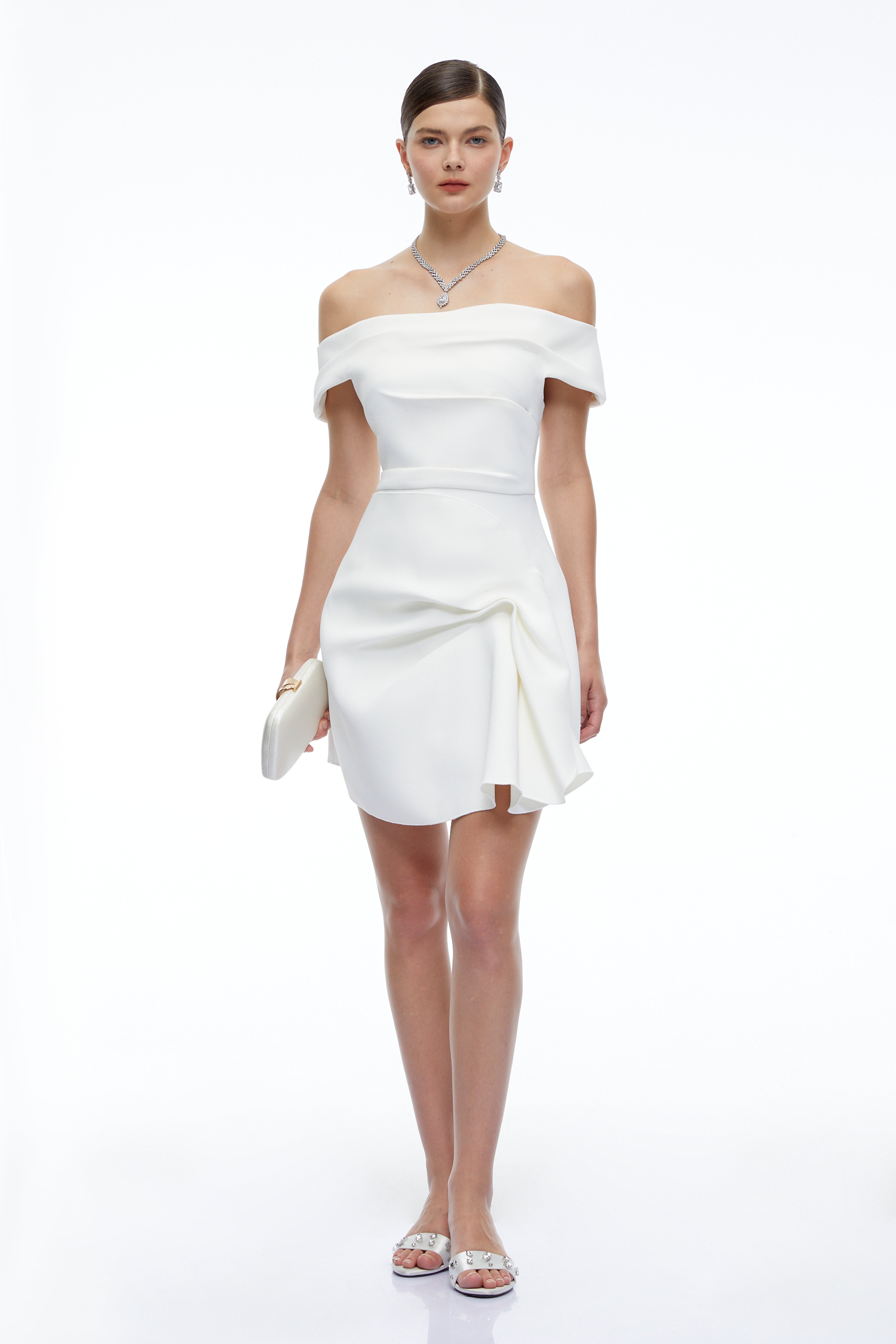 Imogen White Off Shoulder Draped Mini Dress with Ruffles