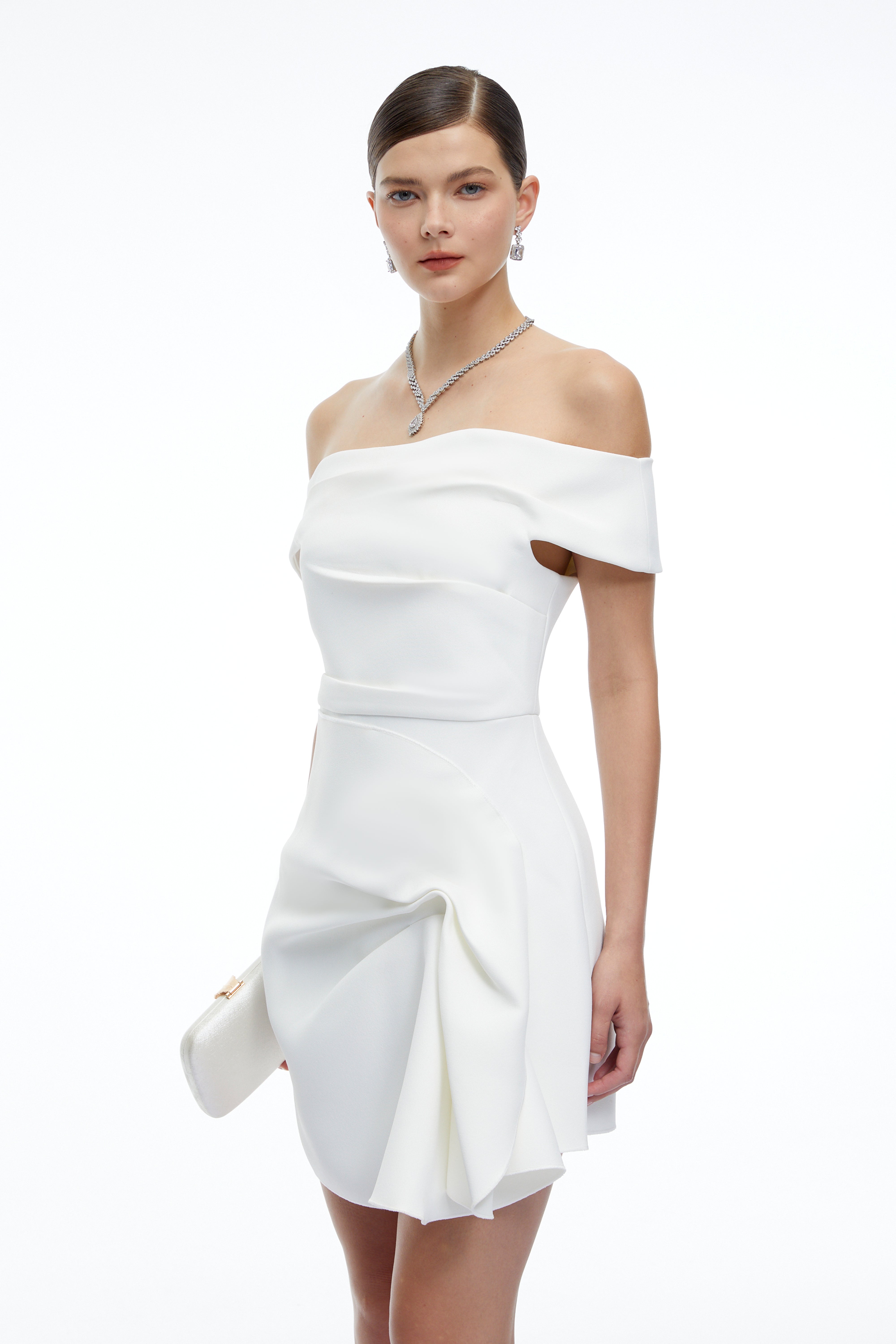 Imogen White Off Shoulder Draped Mini Dress with Ruffles