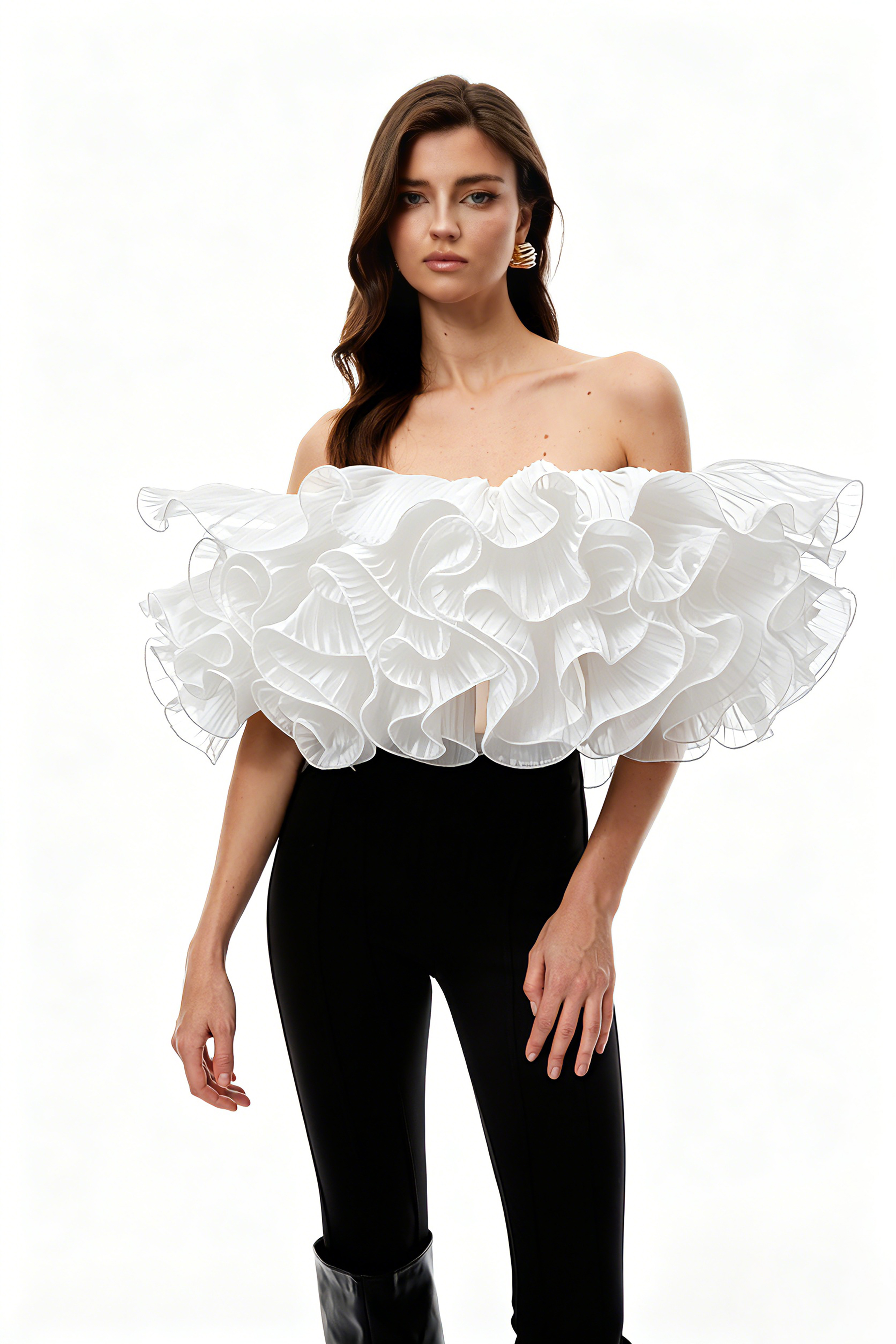 White pleated voluminous ruffled off-the-shoulder top
