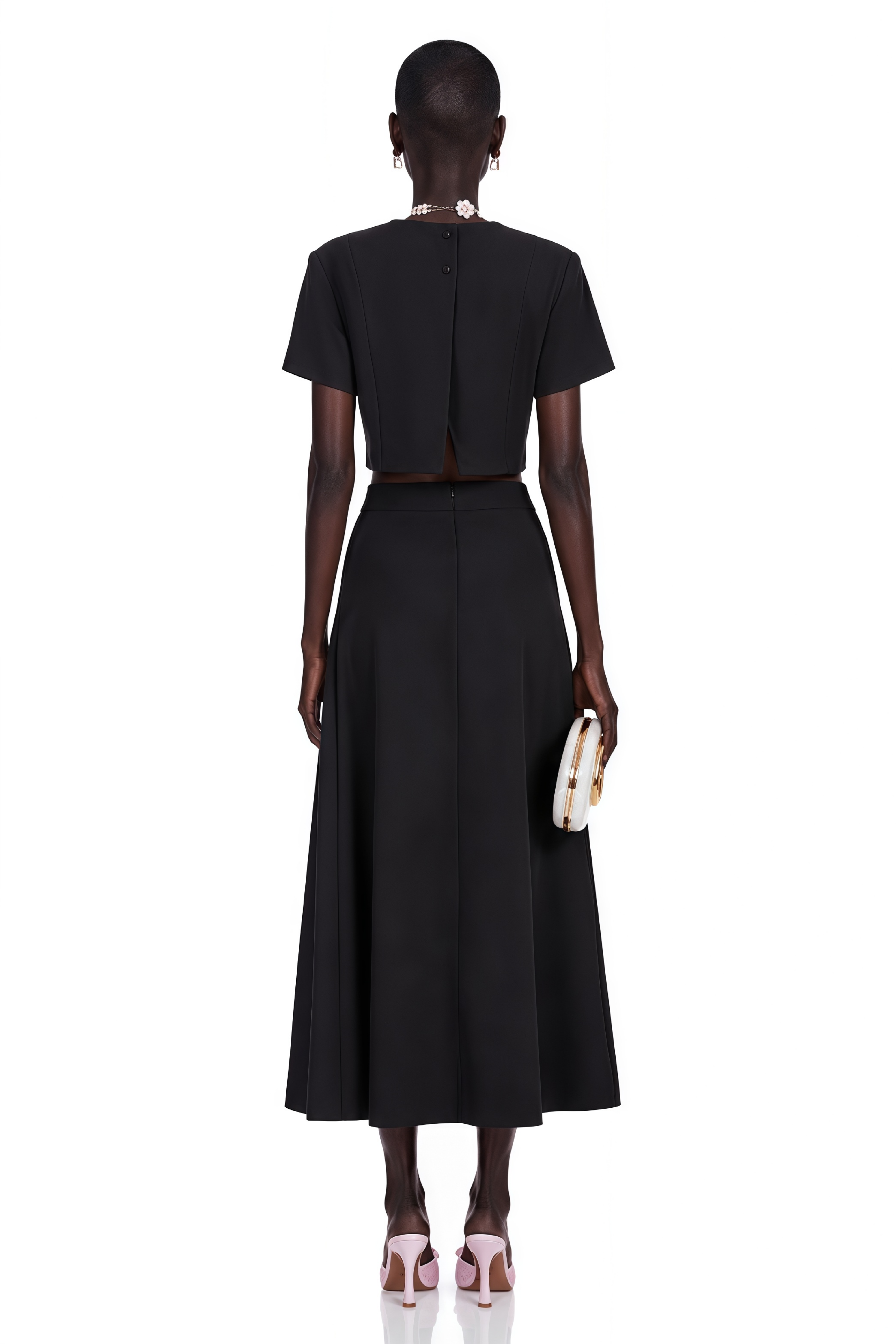Black short-sleeve crop top and maxi skirt set with large floral embroidery