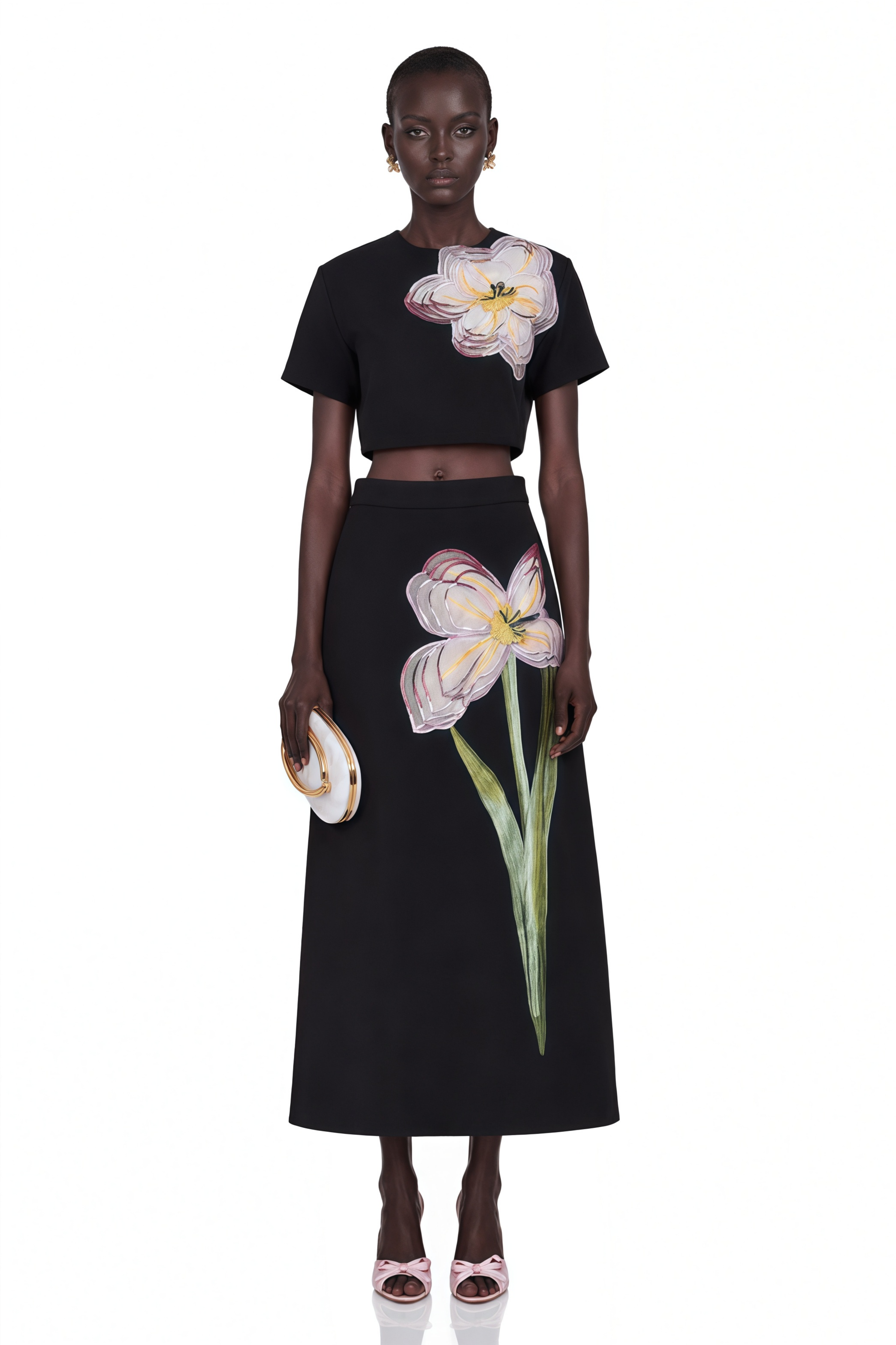 Black short-sleeve crop top and maxi skirt set with large floral embroidery