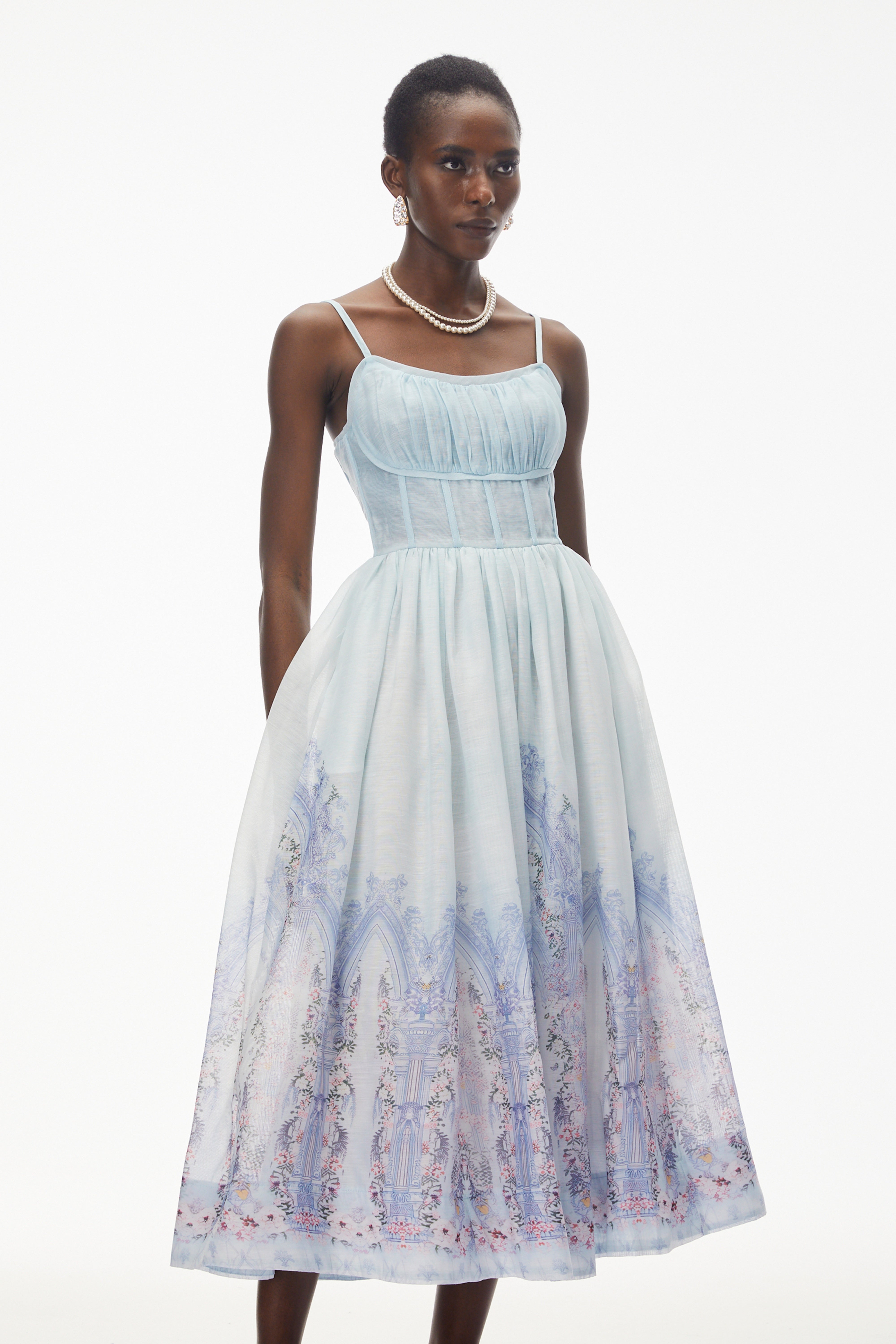Robe mi-longue sans manches à fronces Iris Blue
