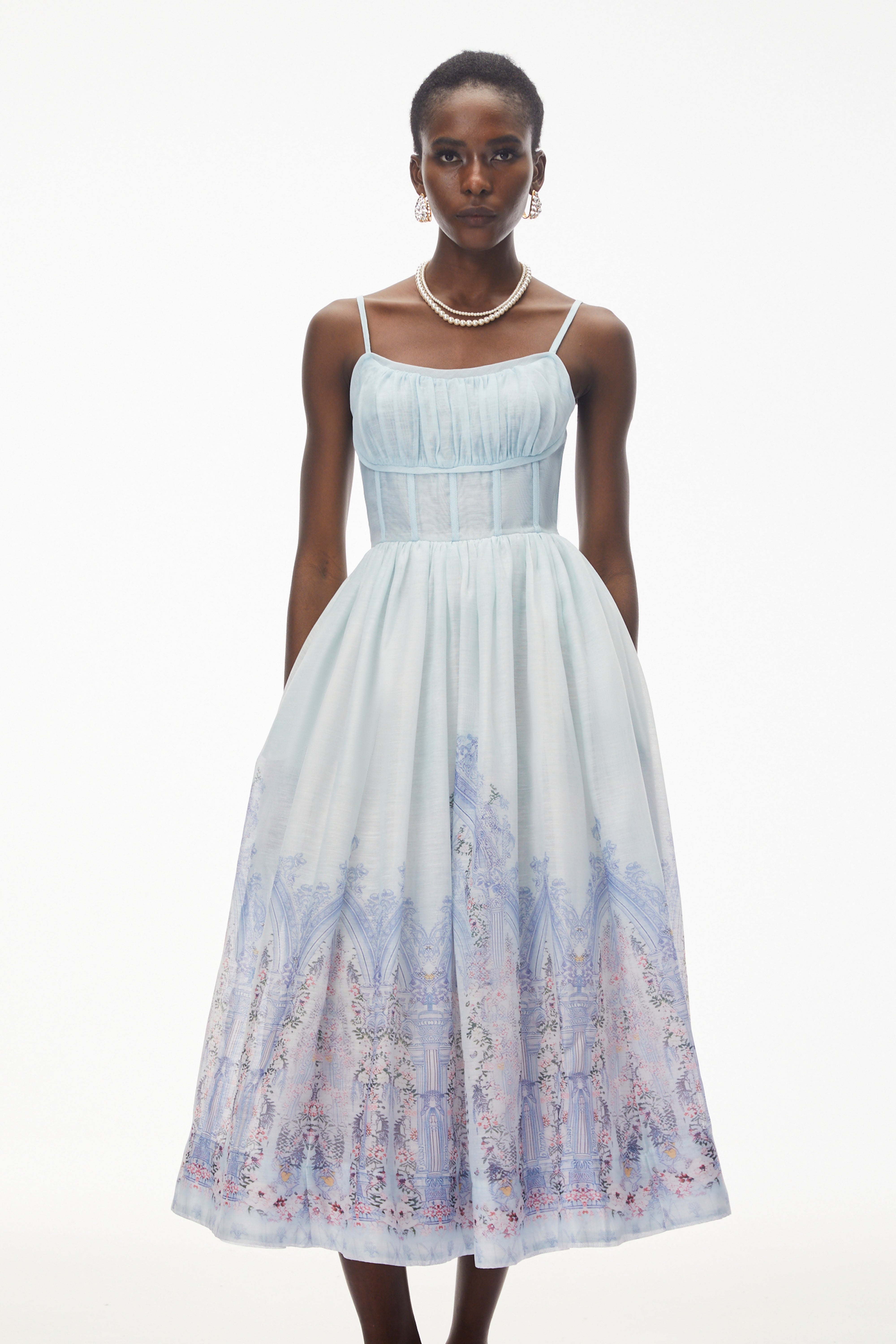 Robe mi-longue sans manches à fronces Iris Blue