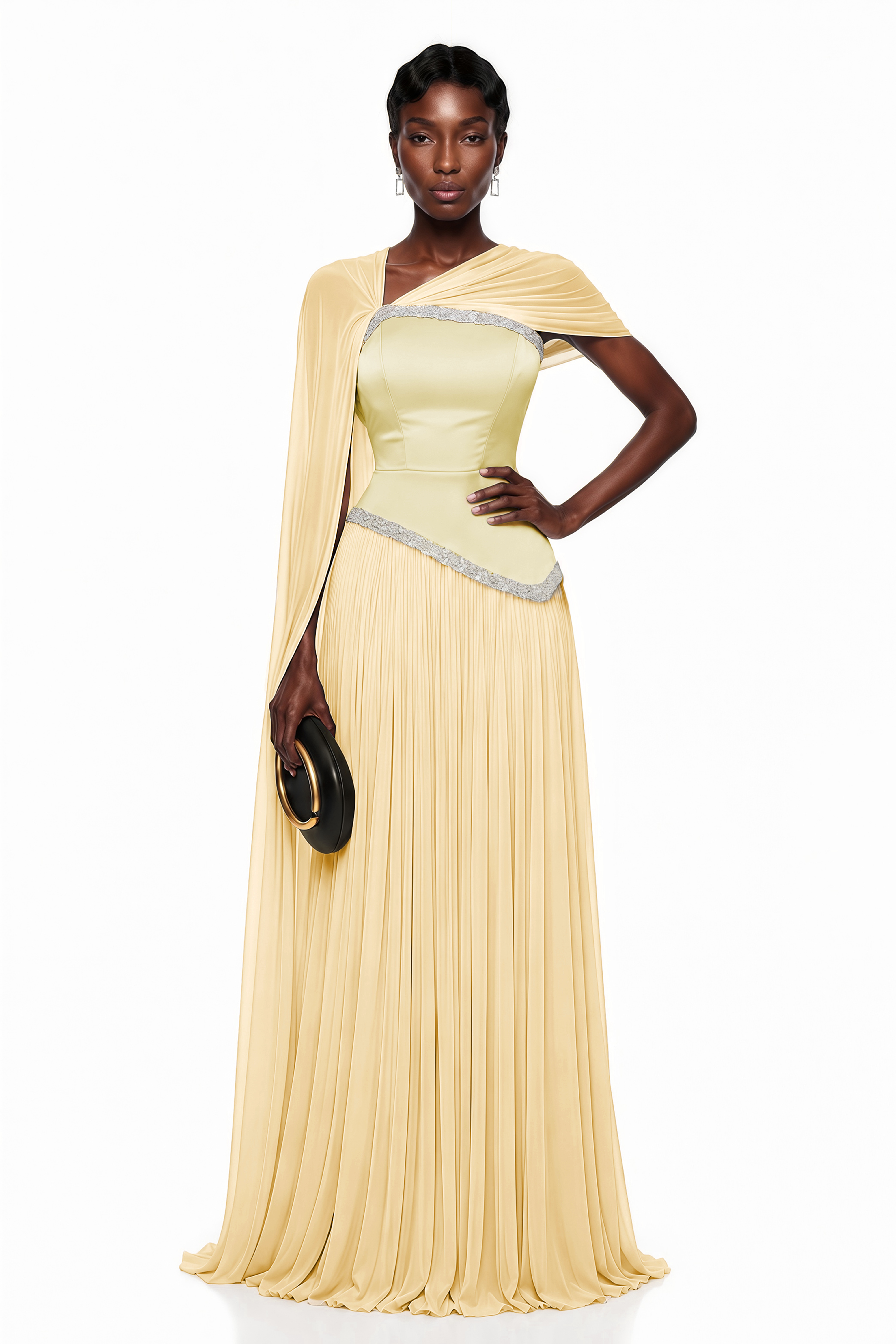 Iris Yellow Embellished Asymmetrical Maxi Dress with Cape