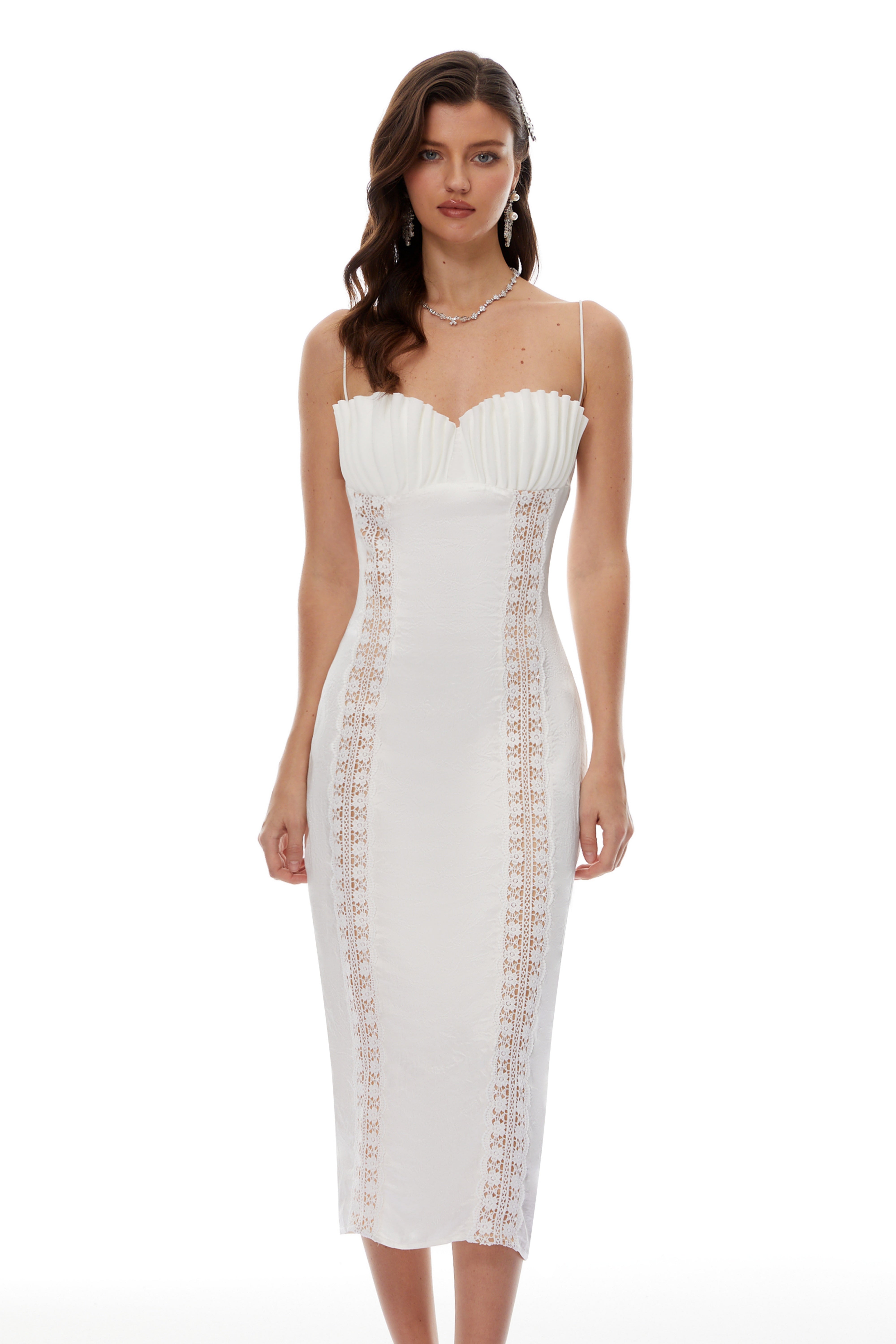 Robe mi-longue plissée en satin « Irmgard White Shell » (Vente définitive)