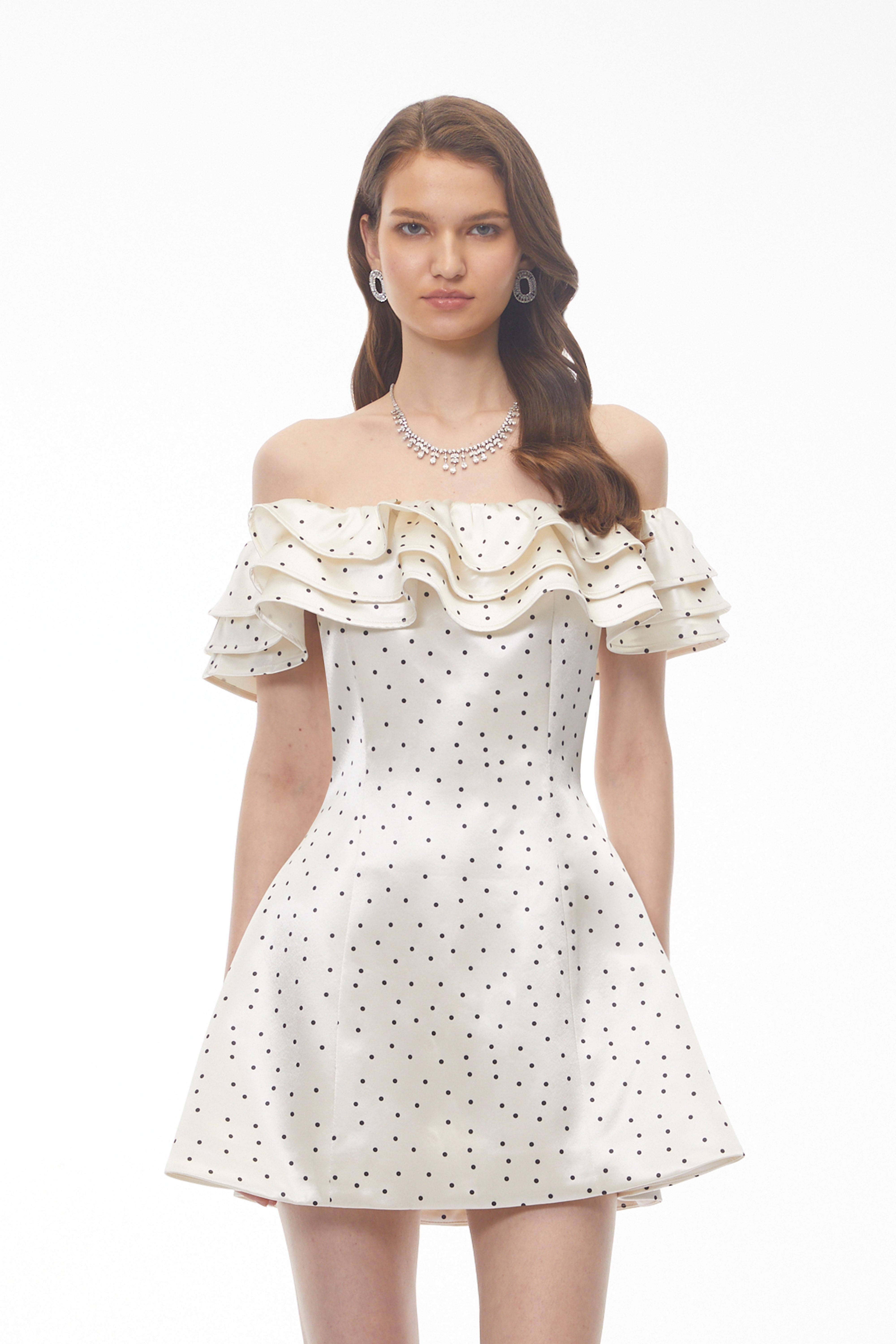 Isabella White Off Shoulder Polka Dot Ruffled Mini Dress (Final Sale)
