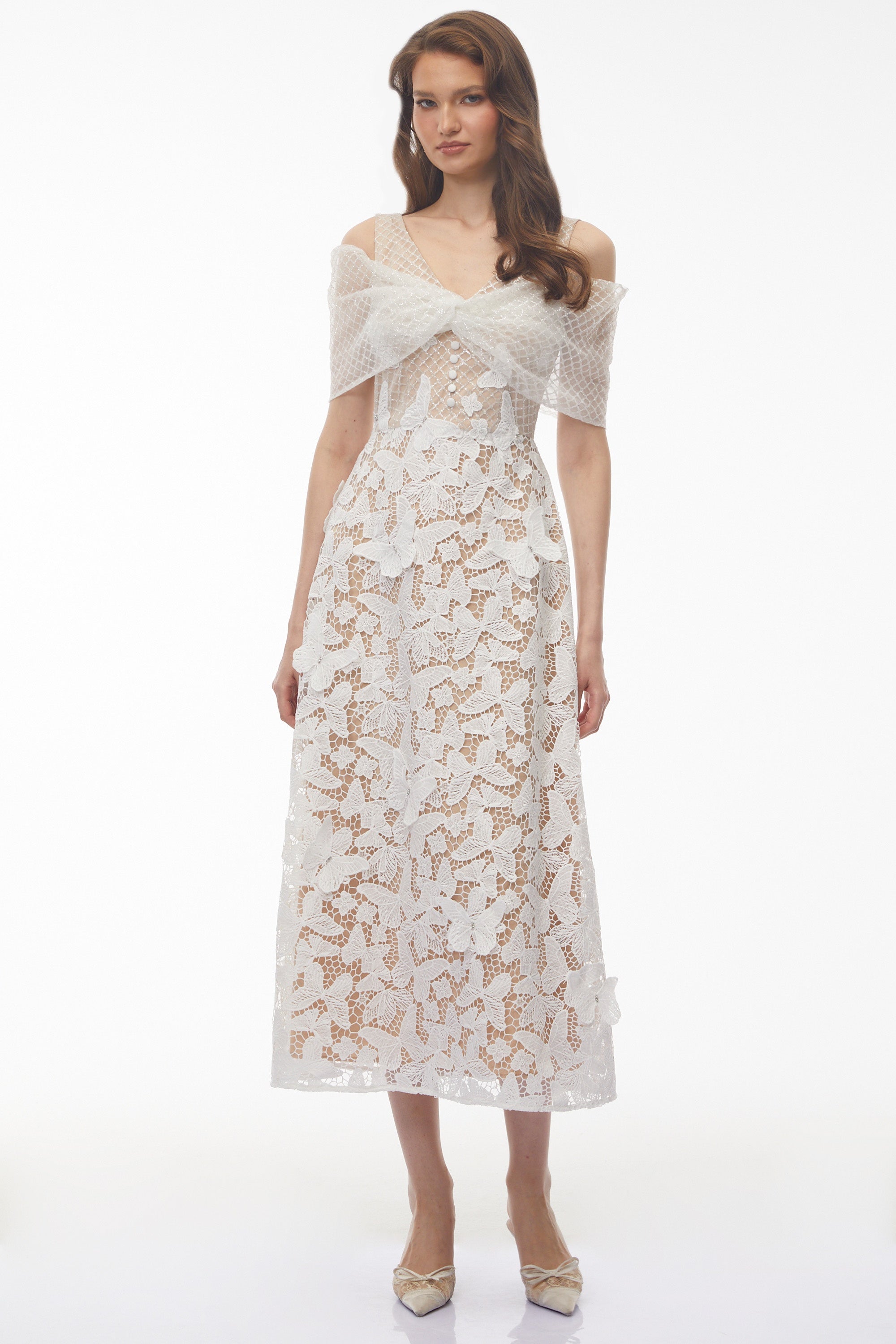 Isla White Cold Shoulder Midi Dress with Butterfly Applique (Final Sale)