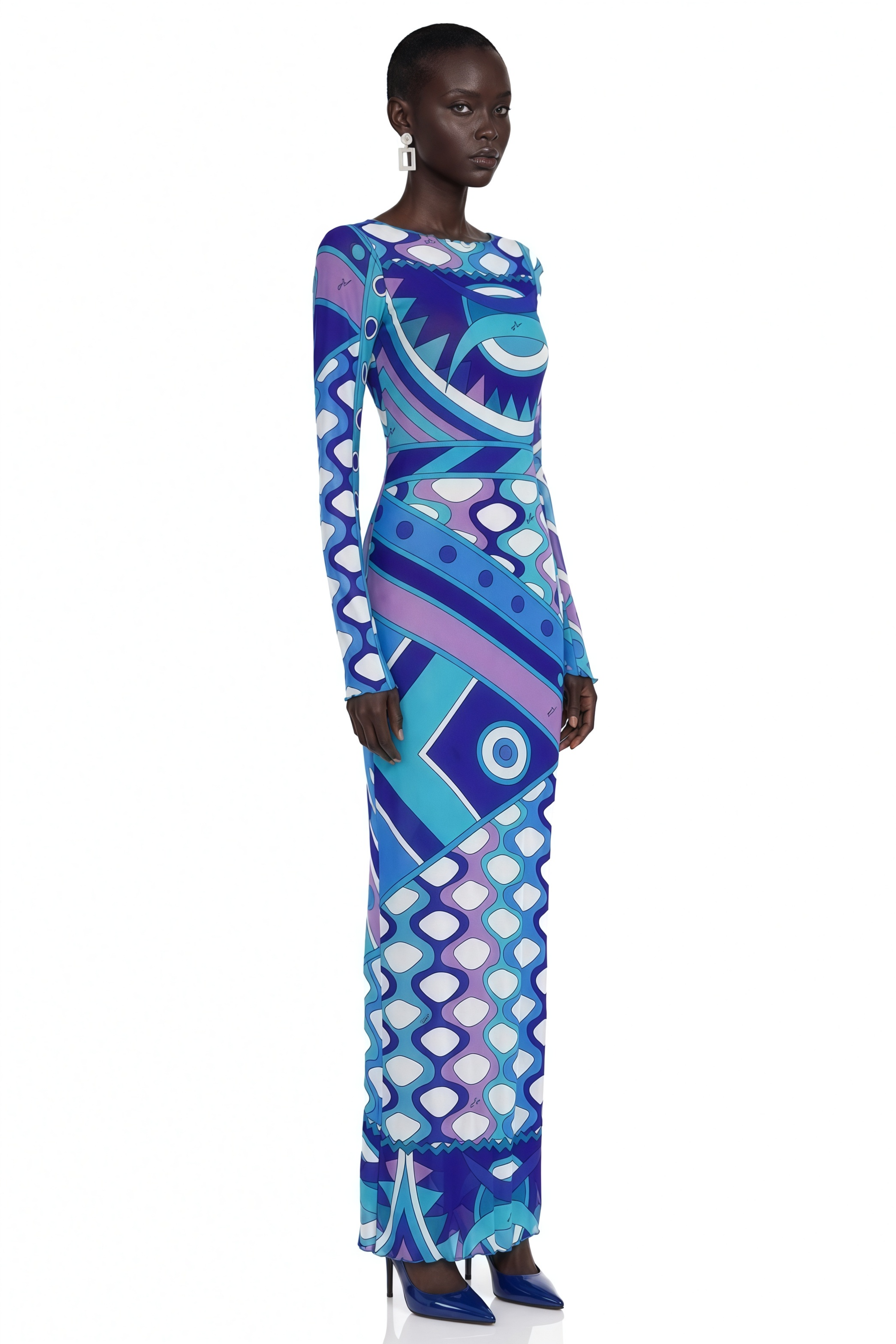 Ismeria Dark Blue Printed Long Sleeve Maxi Dress