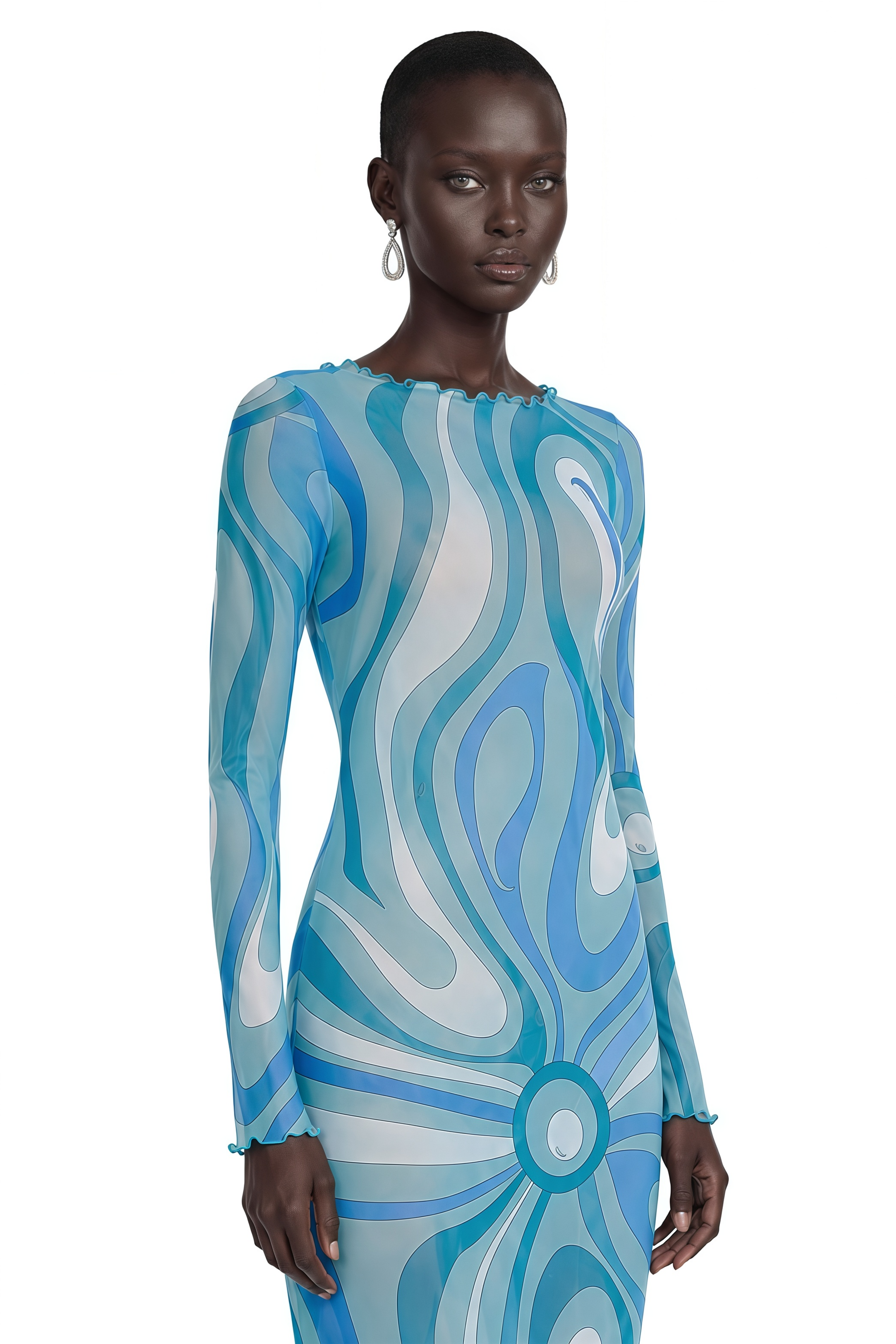 Ismeria Light Blue Printed Long Sleeve Maxi Dress