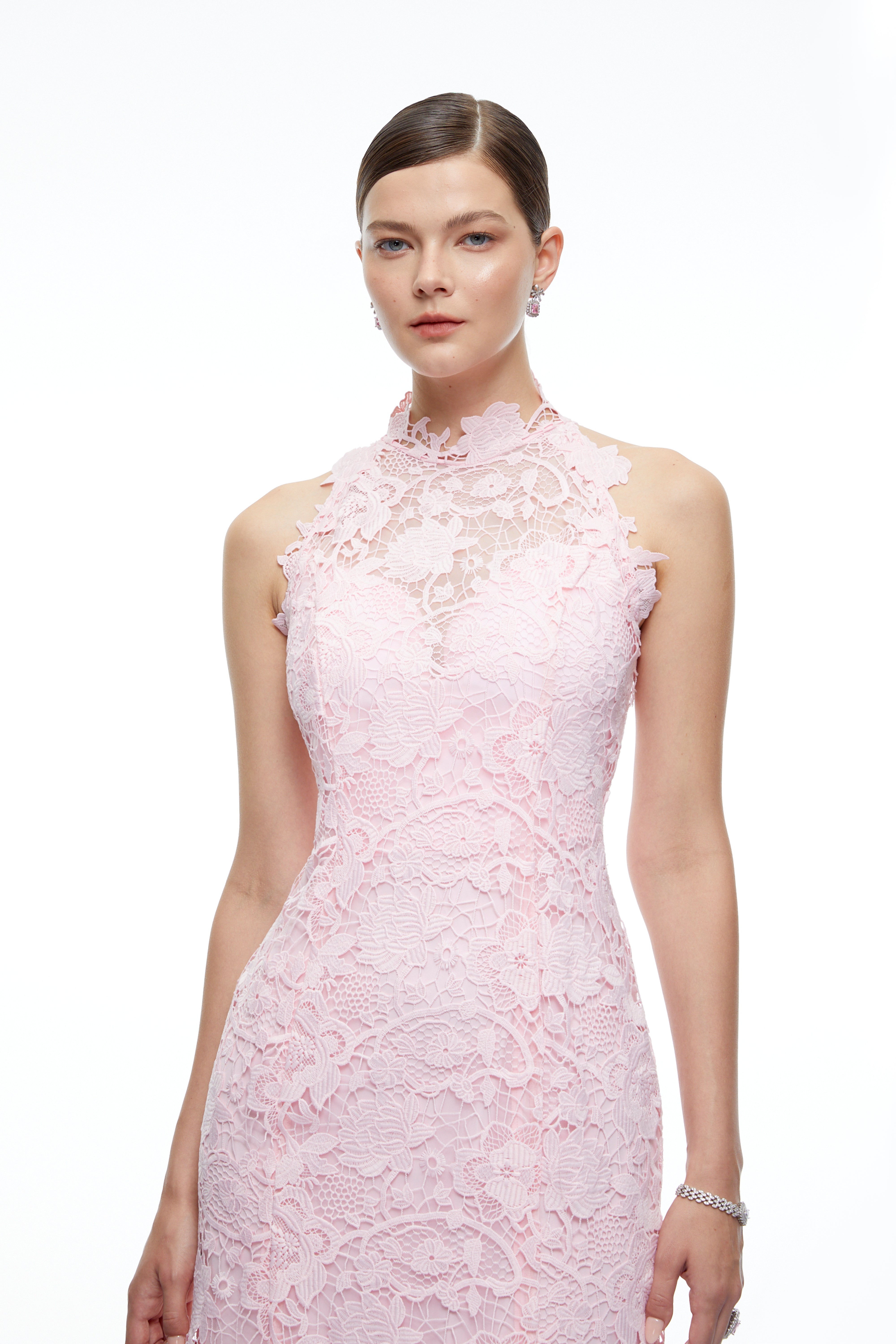 Ismerie Pink High Neck Lace Fishtail Maxi Dress