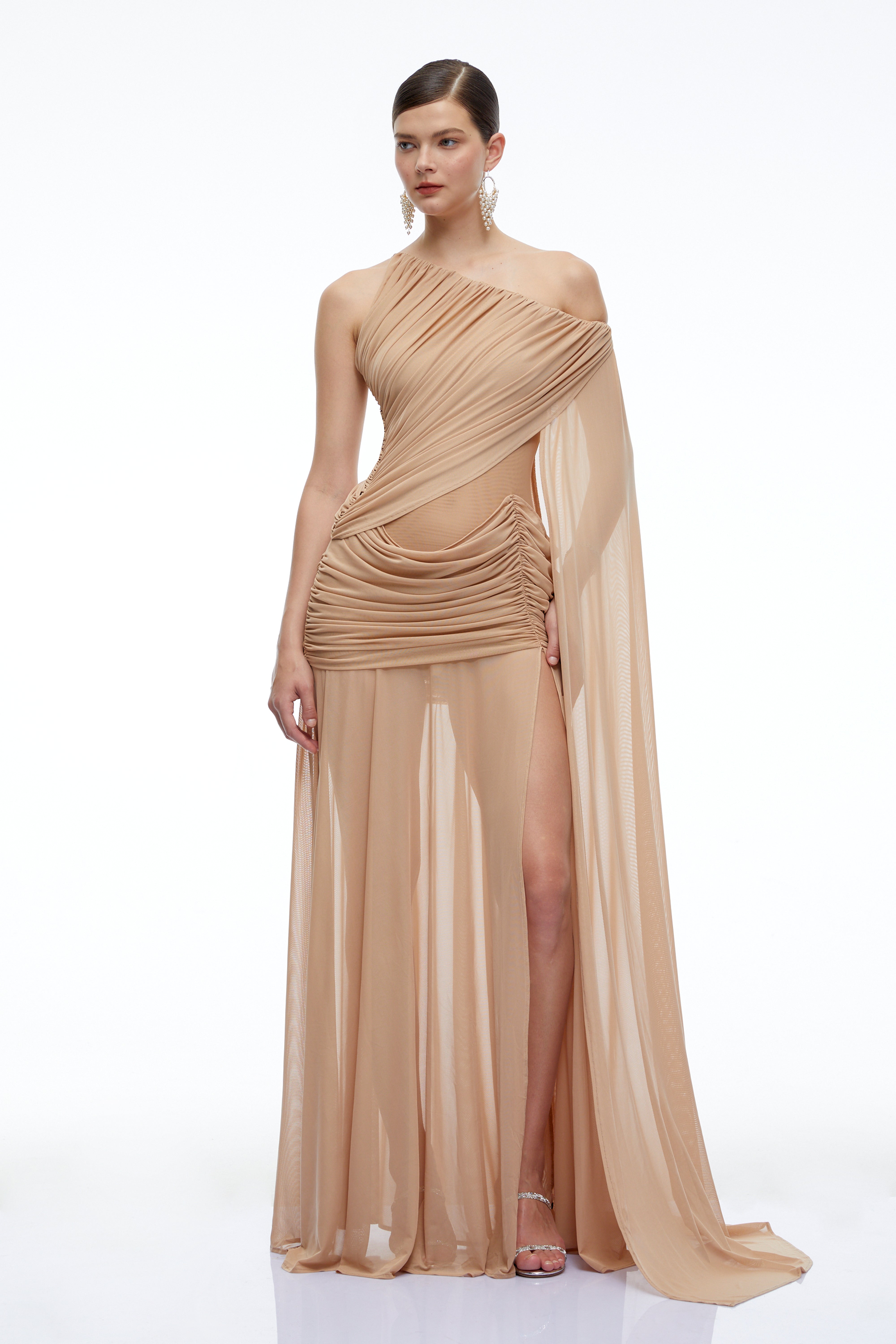 Isolde Brown One Shoulder Ruched Maxi Dress