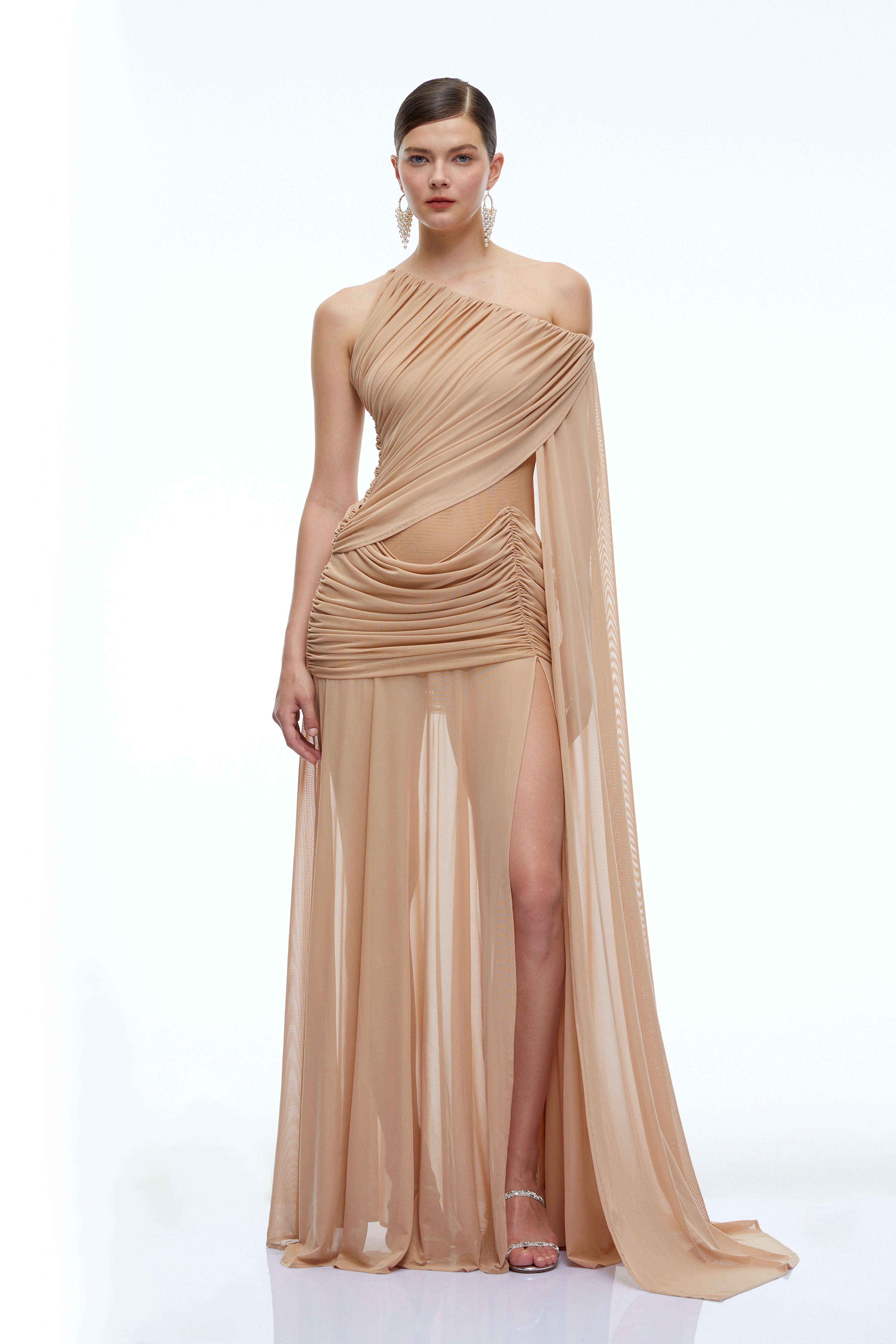 Isolde Brown One Shoulder Ruched Maxi Dress