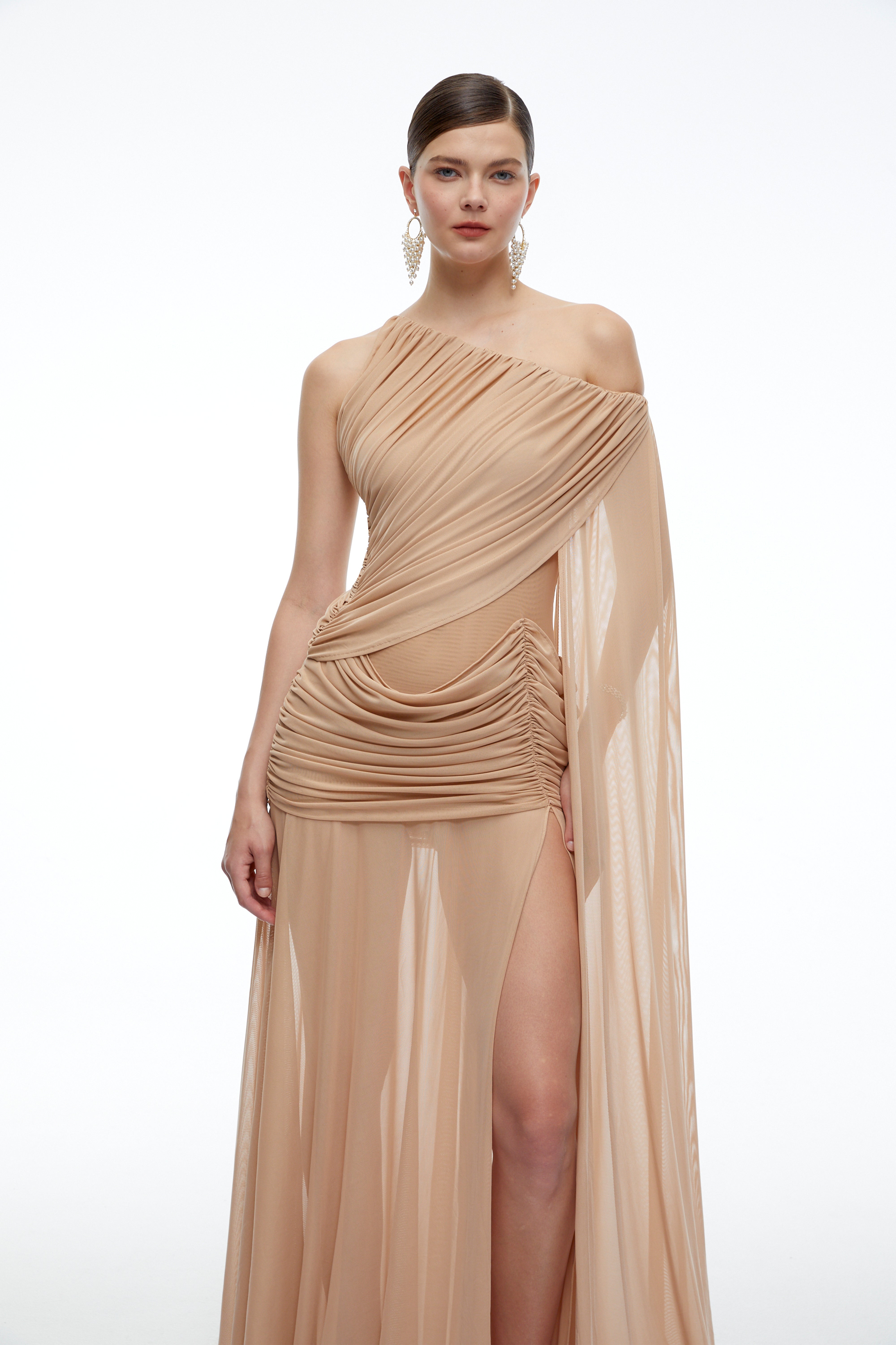 Isolde Brown One Shoulder Ruched Maxi Dress