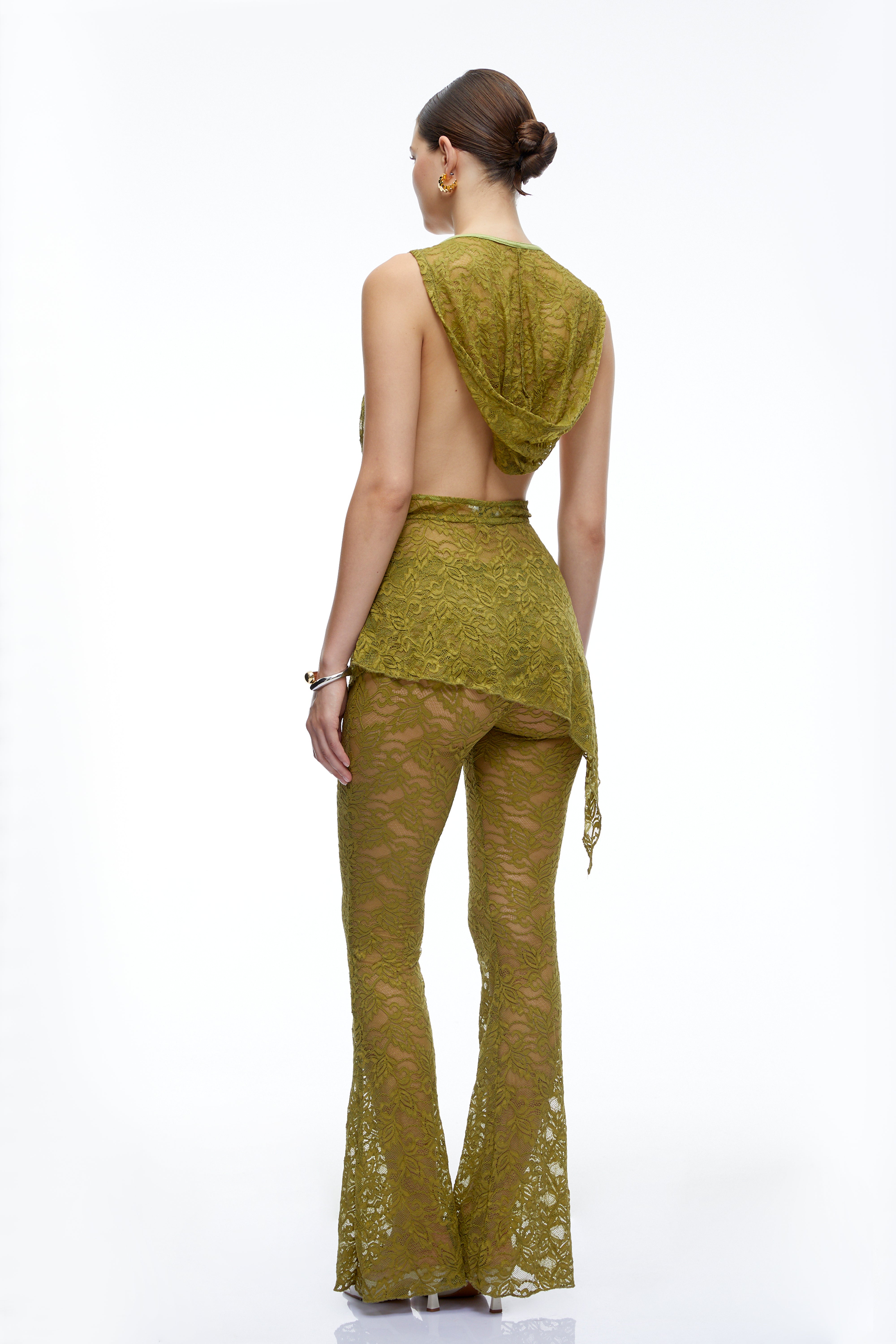 Isolde Olive Green Lace Halterneck Top & Flared Trousers Set