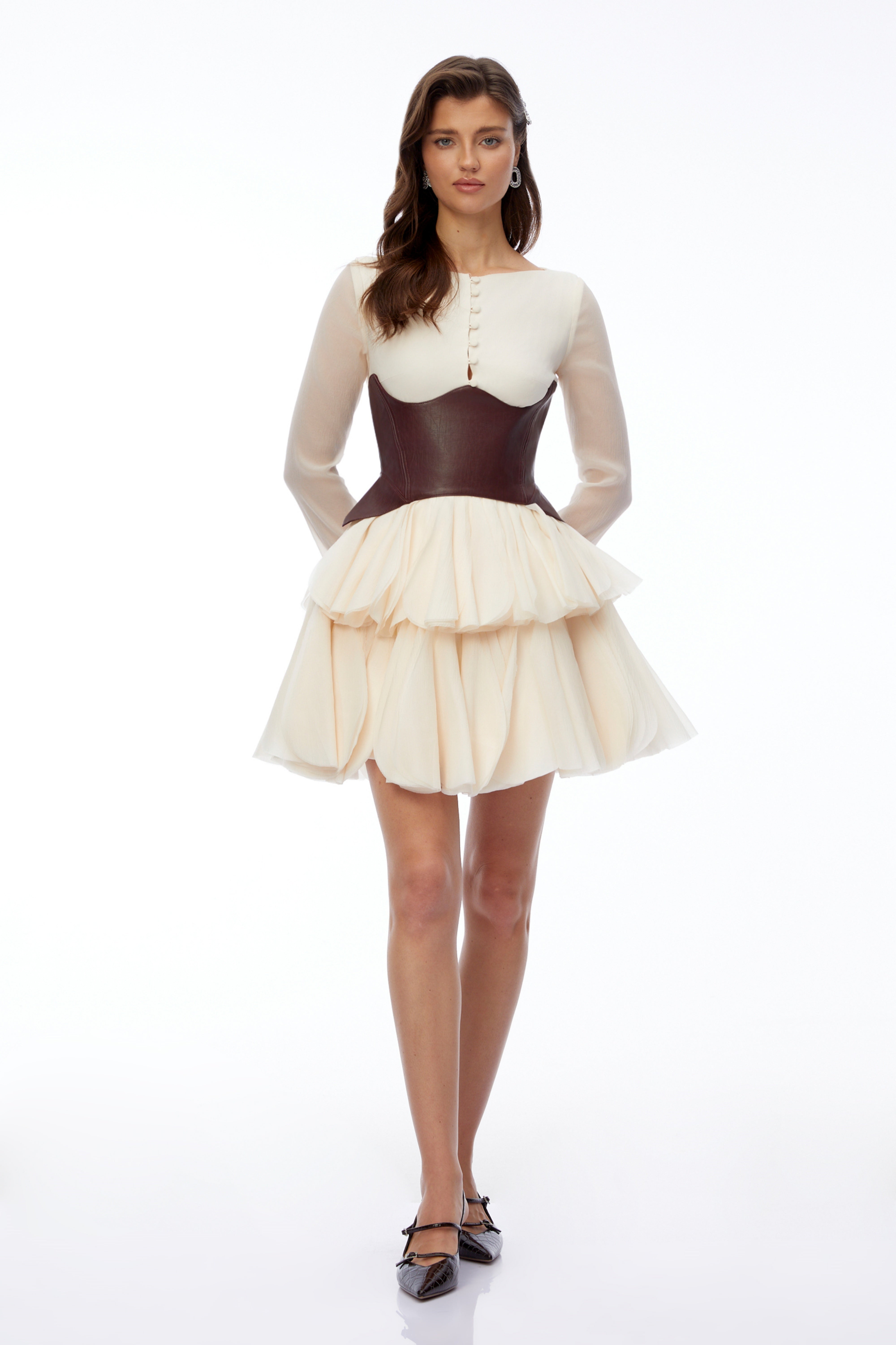 Ivy Cream Color Block Puffball Mini Dress