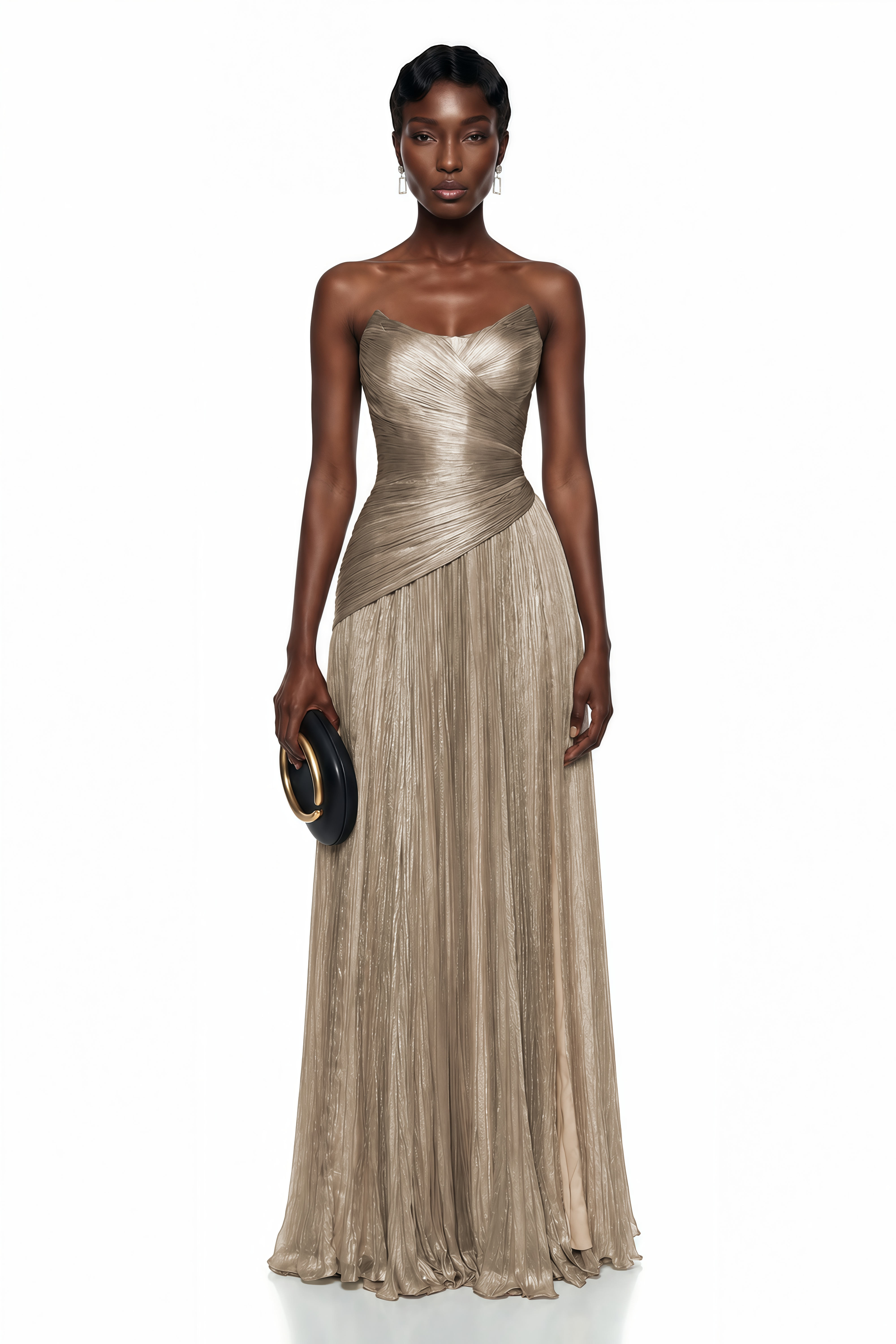 Metallic champagne strapless pleated maxi dress with a sweetheart neckline