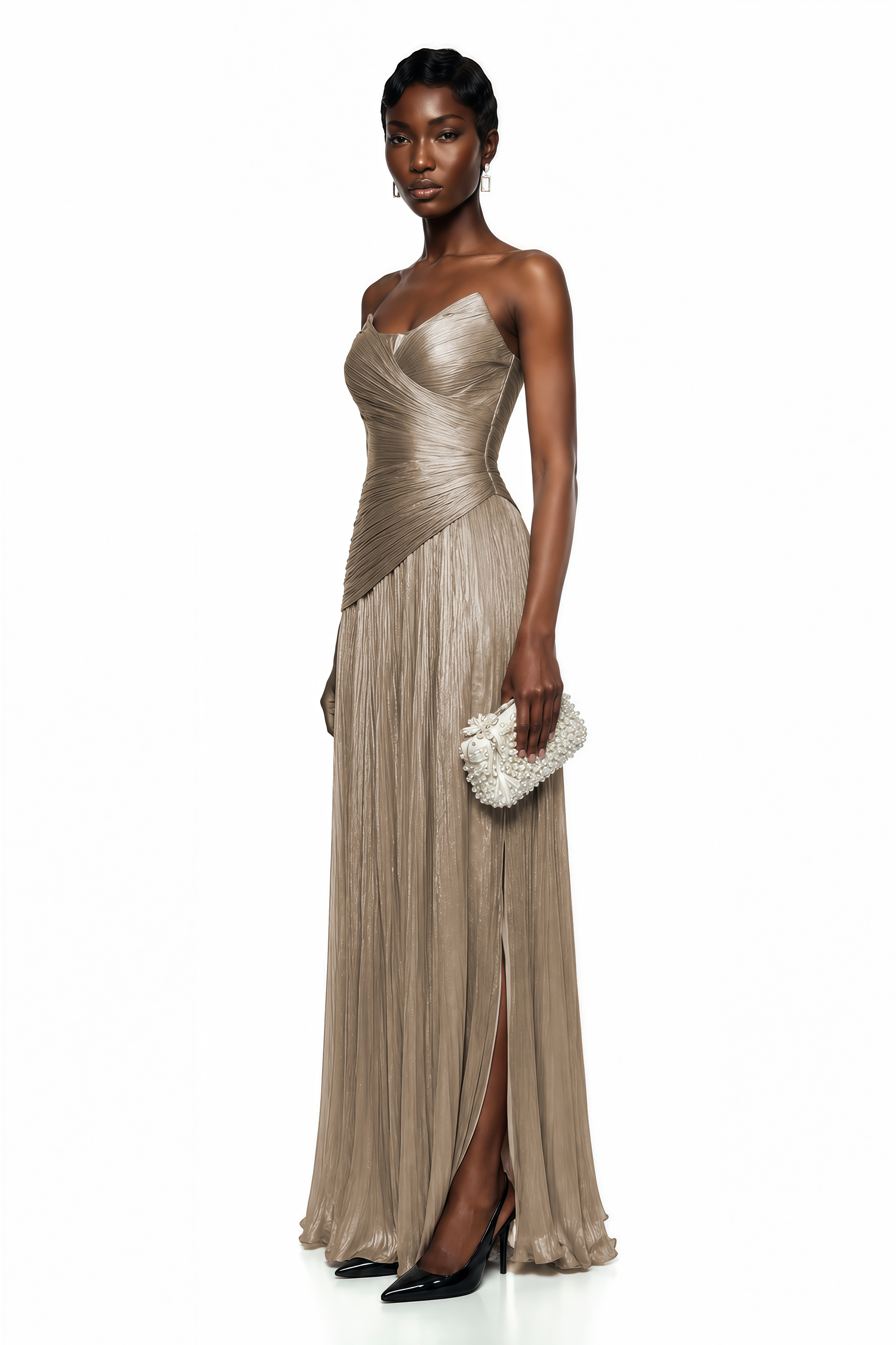 Metallic champagne strapless pleated maxi dress with a sweetheart neckline
