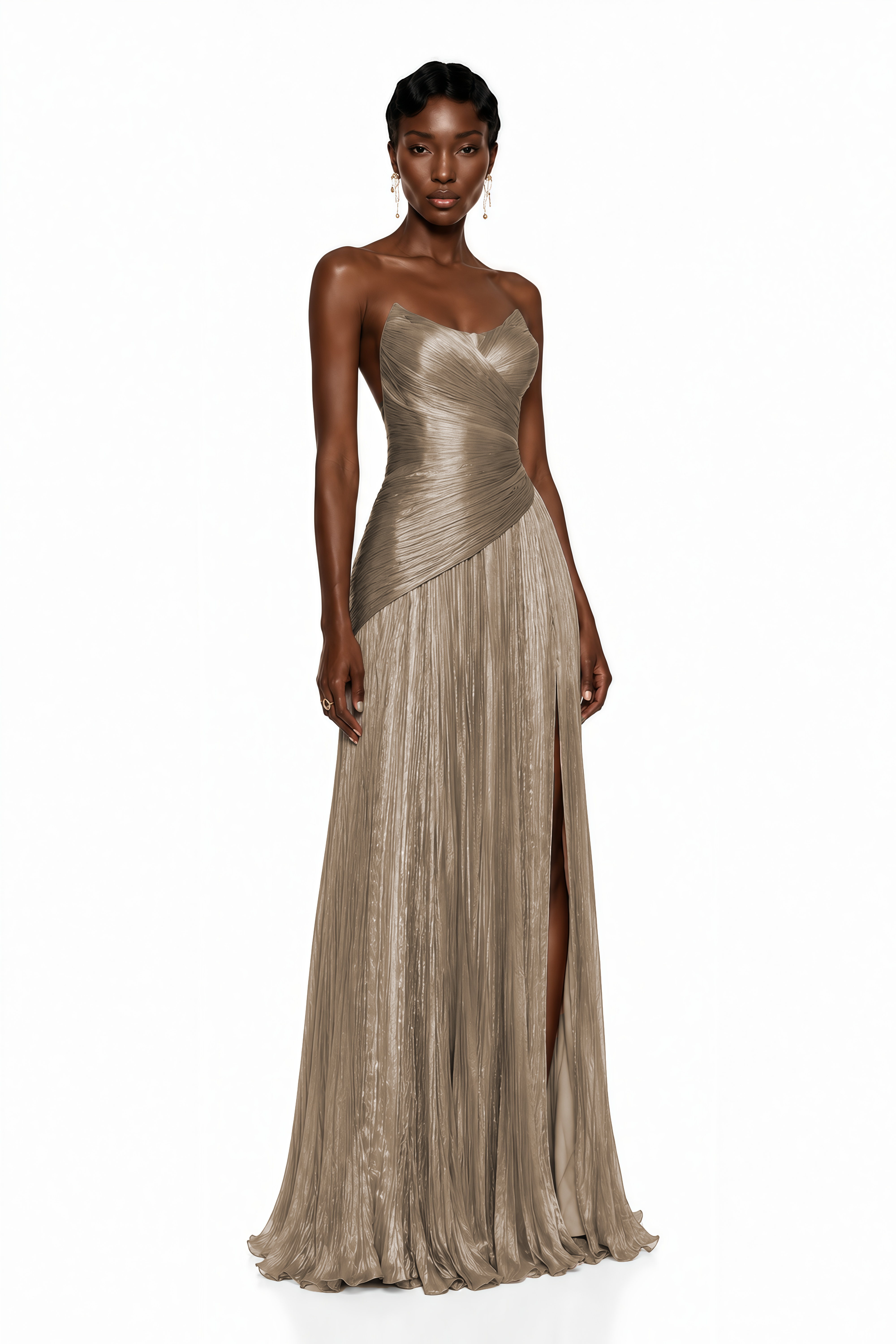 Metallic champagne strapless pleated maxi dress with a sweetheart neckline