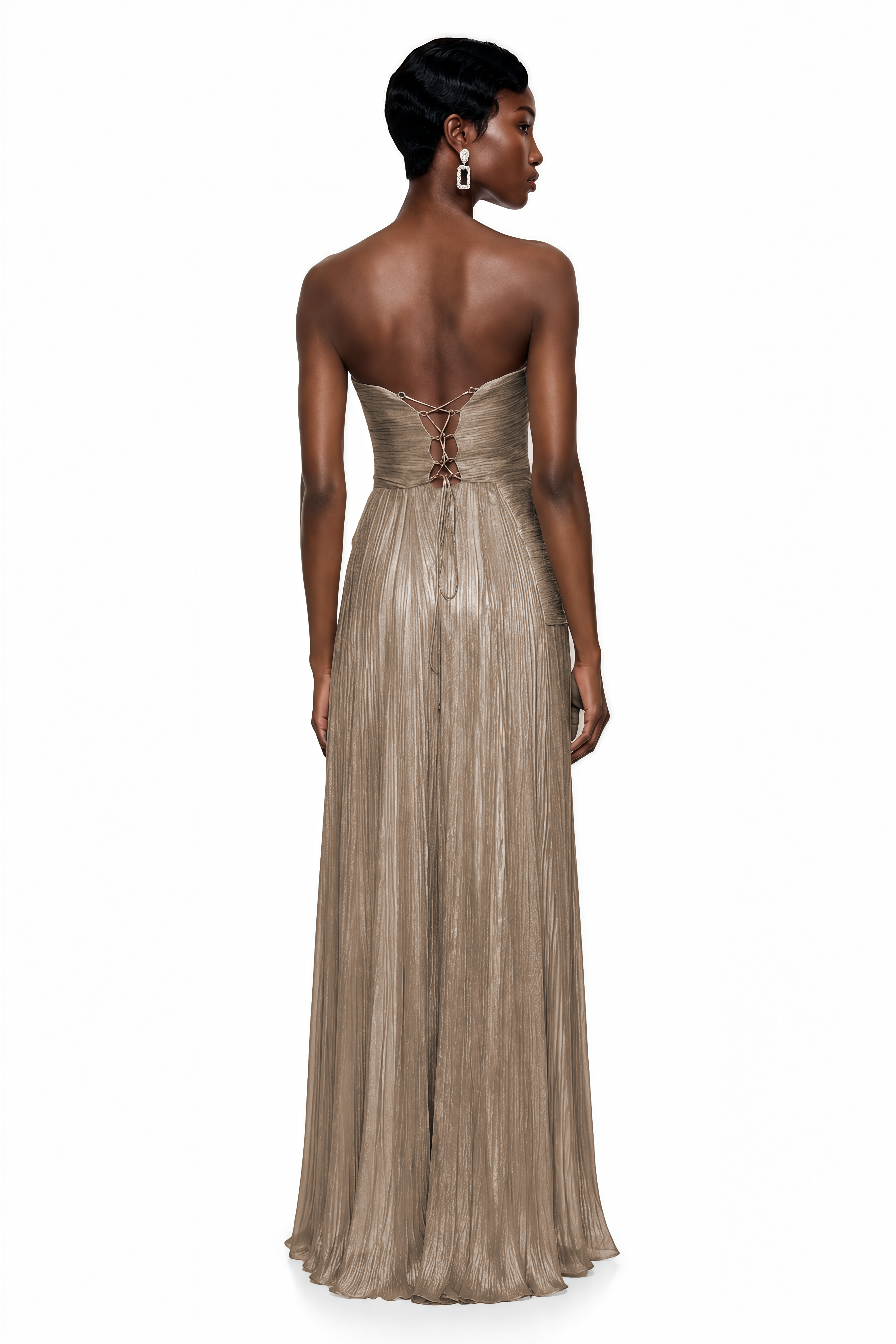 Metallic champagne strapless pleated maxi dress with a sweetheart neckline