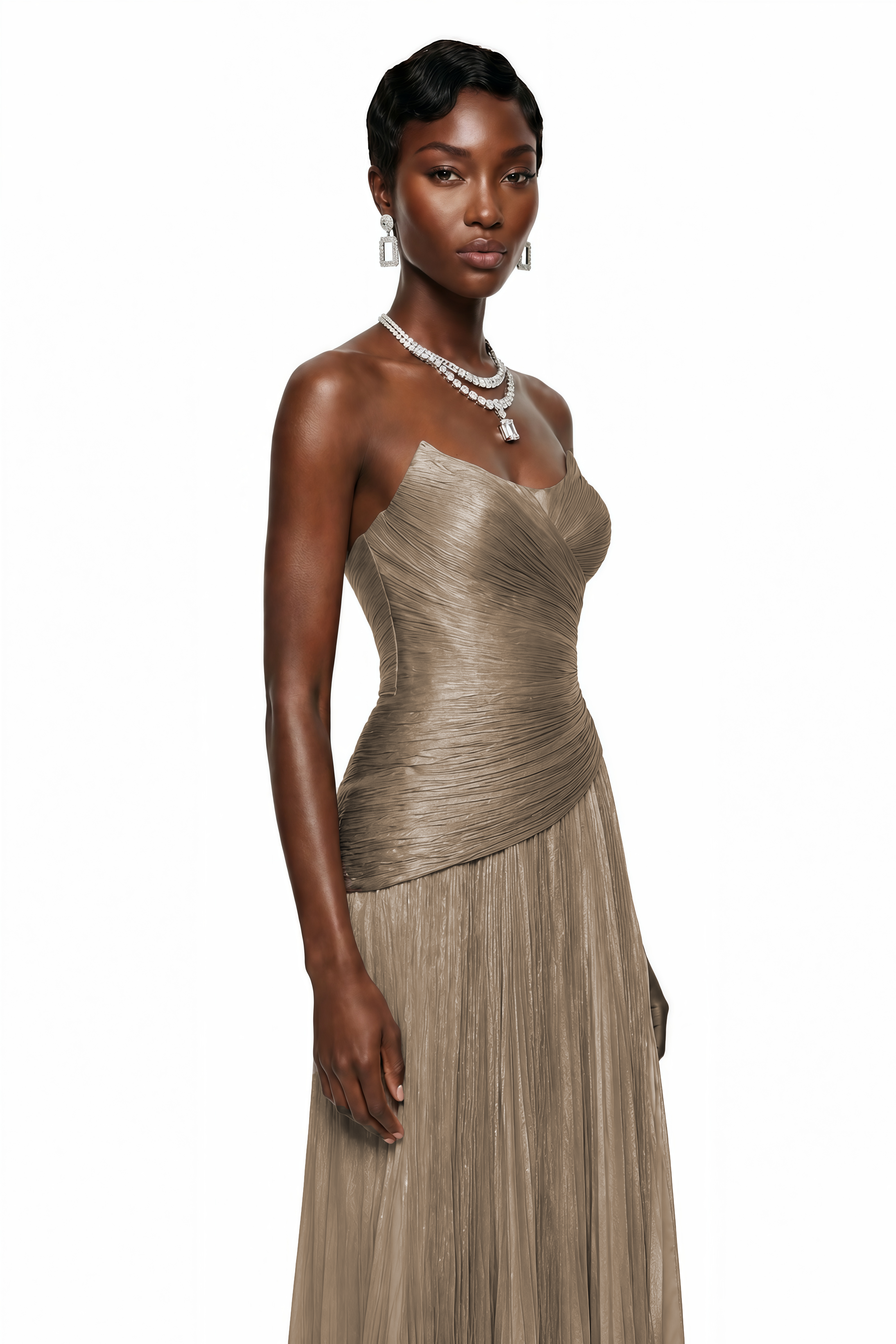 Metallic champagne strapless pleated maxi dress with a sweetheart neckline