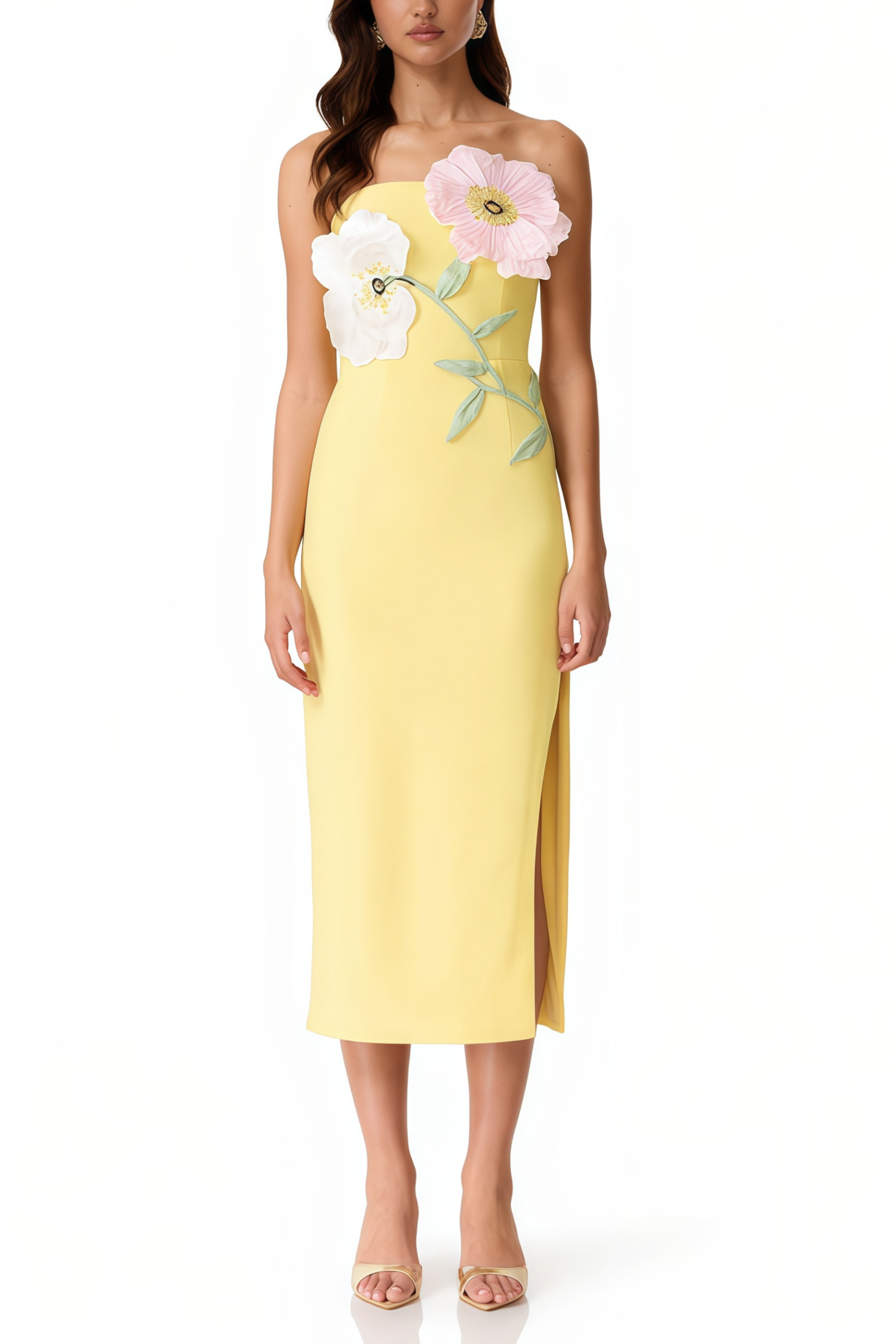 Jacqueline Yellow Floral Appliqué Midi Dress (Final Sale-US Only)