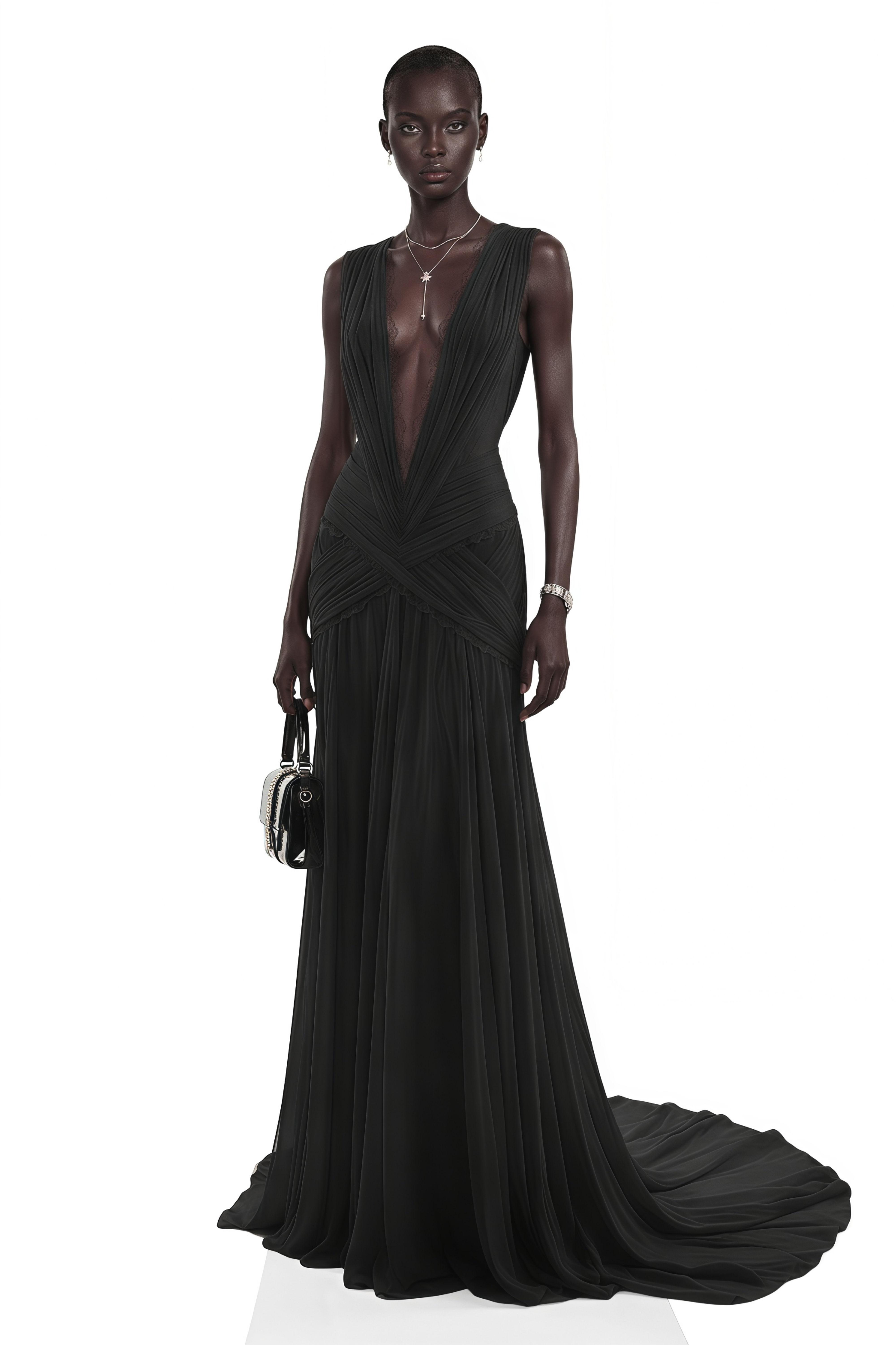 Jasmine Black Plunge Neck Ruched Maxi Dress