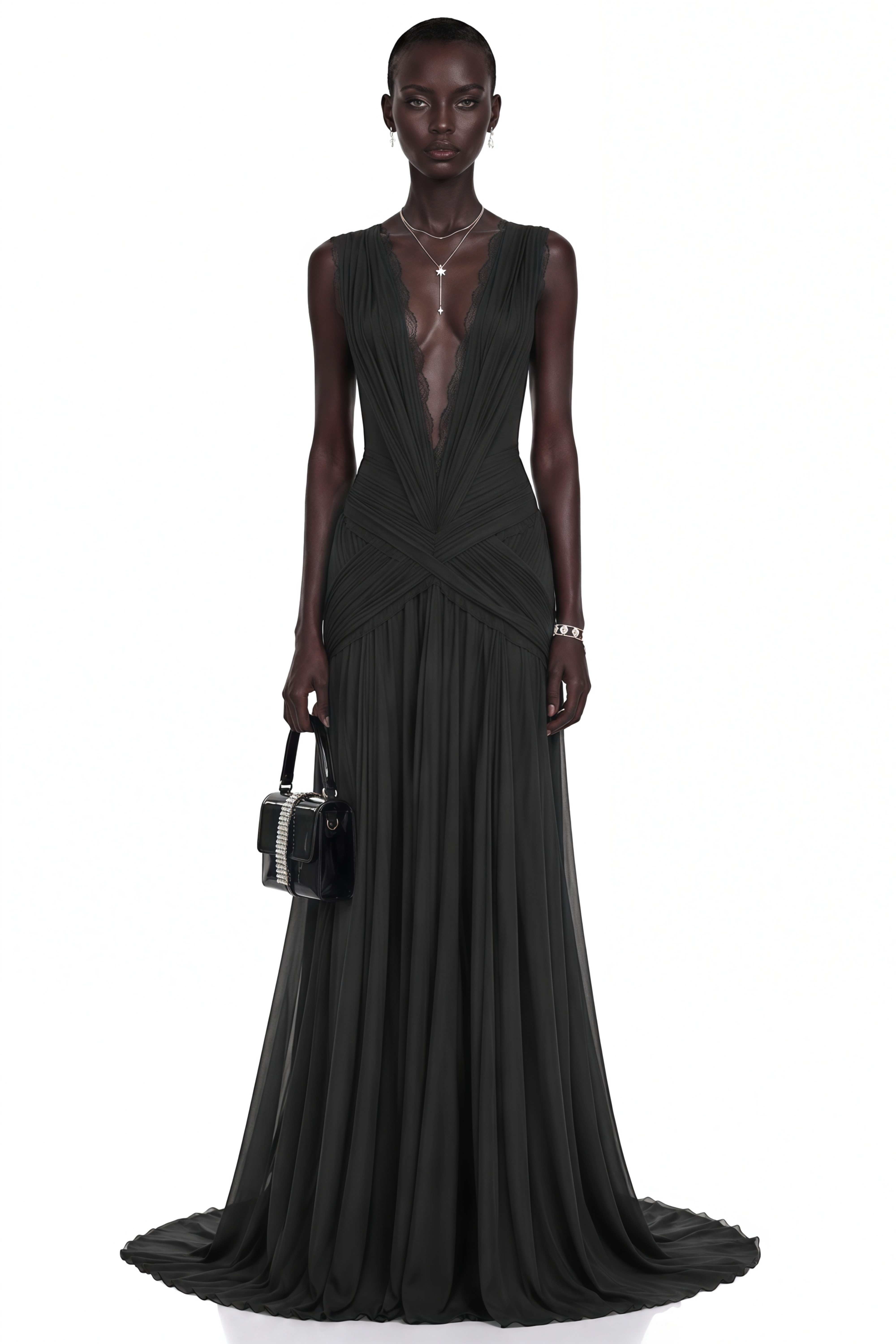Jasmine Black Plunge Neck Ruched Maxi Dress