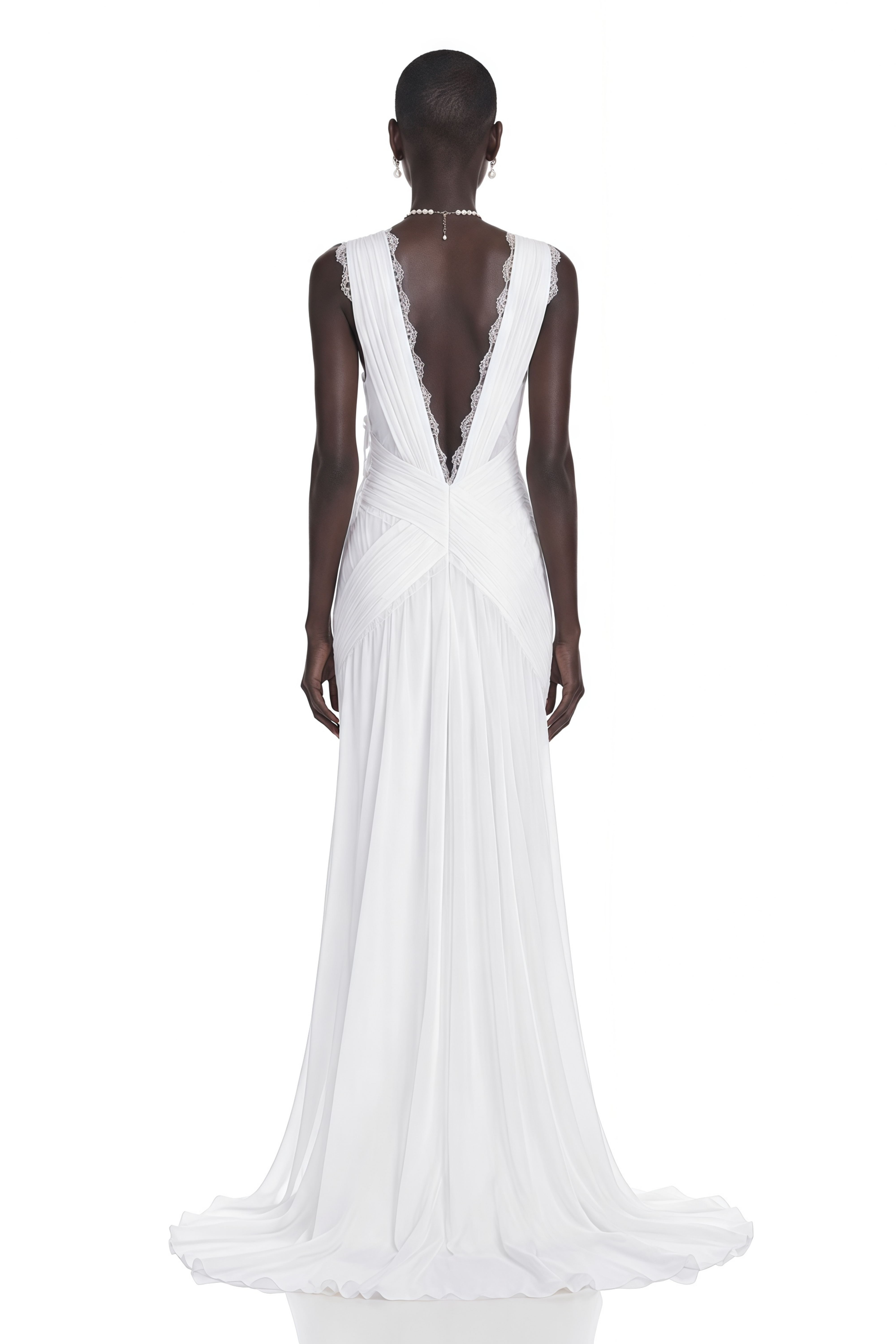 Jasmine White Plunge Neck Ruched Maxi Dress
