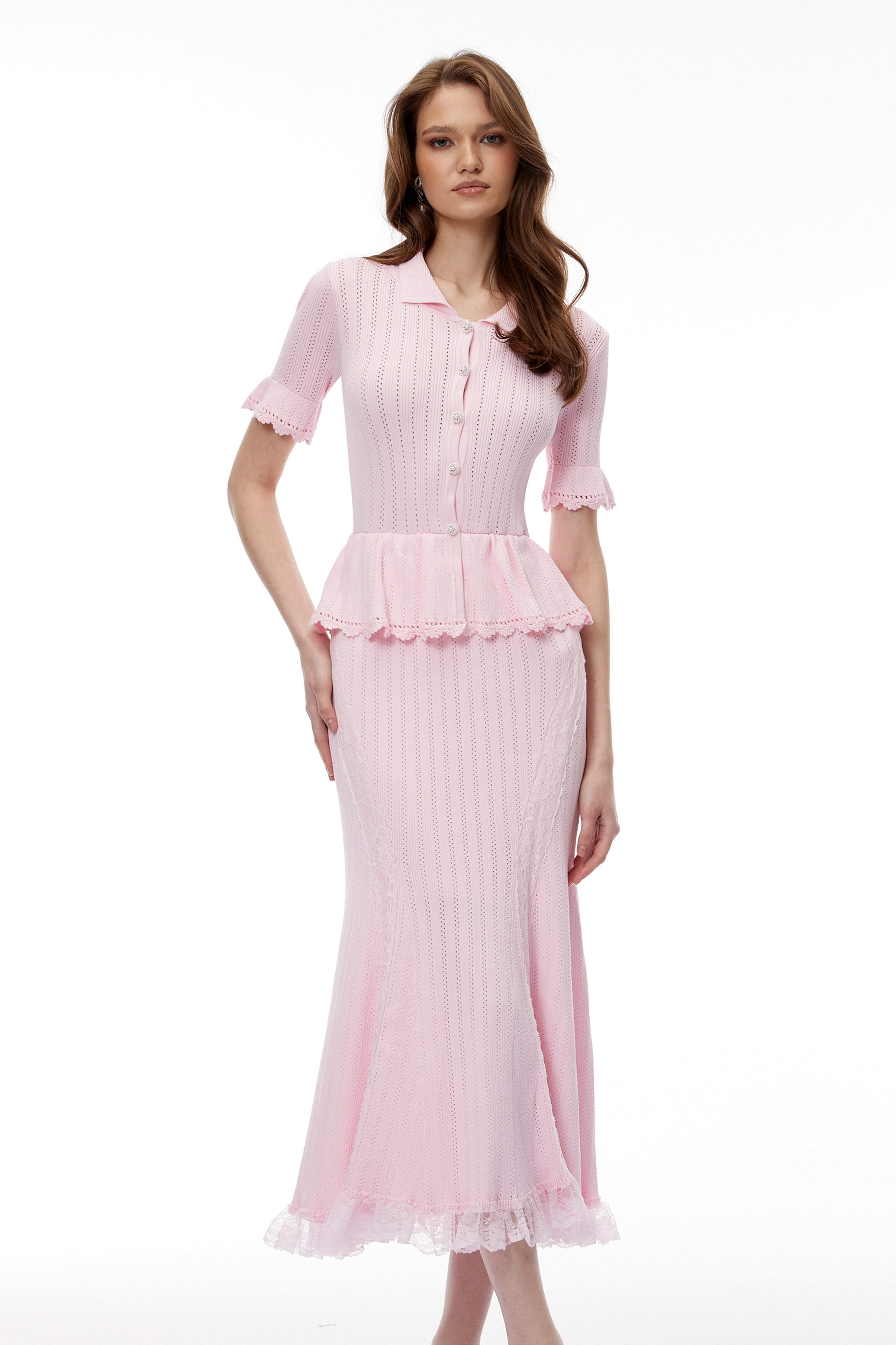 Pink Pointelle Peplum Knit Midi Dress