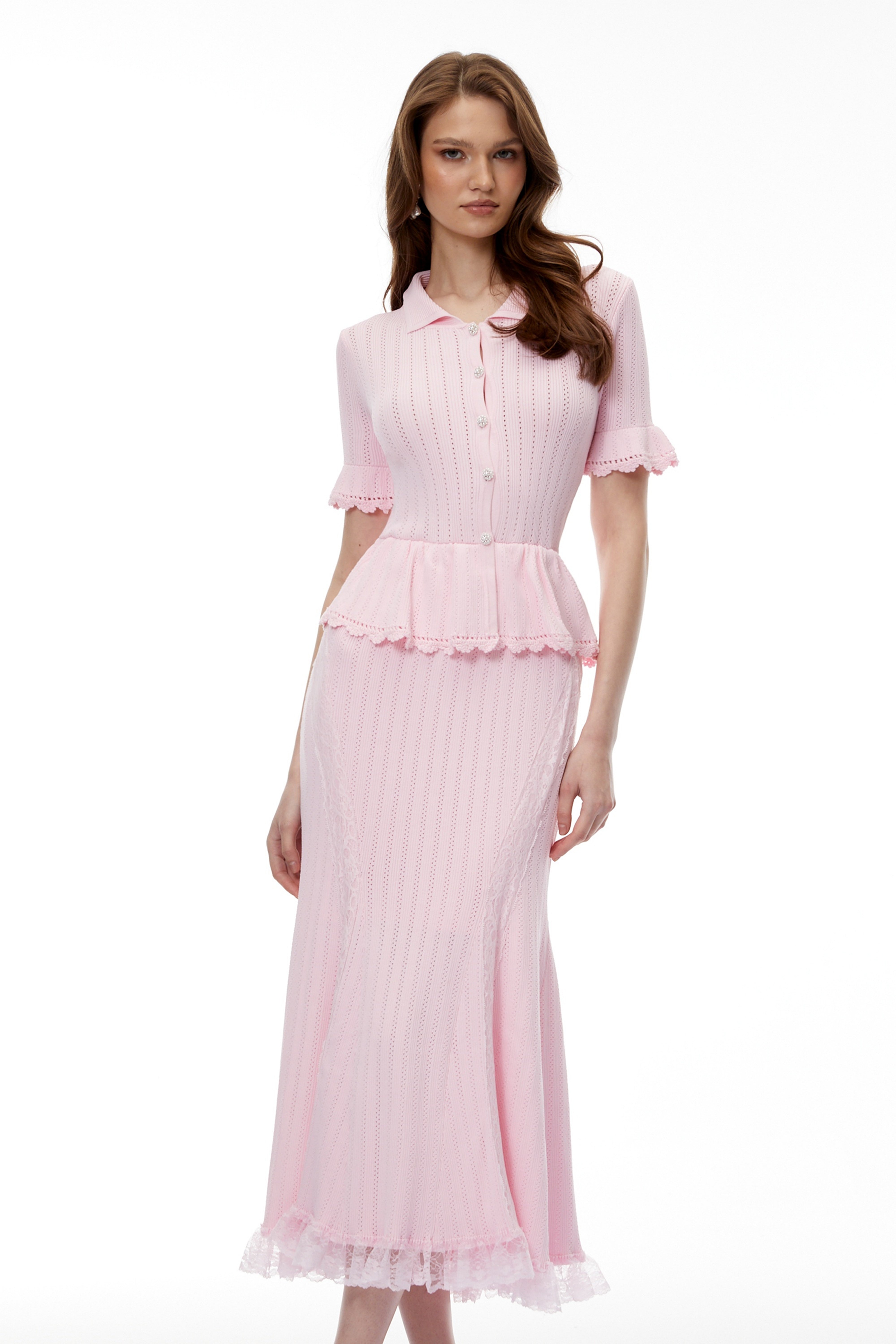 Pink Pointelle Peplum Knit Midi Dress