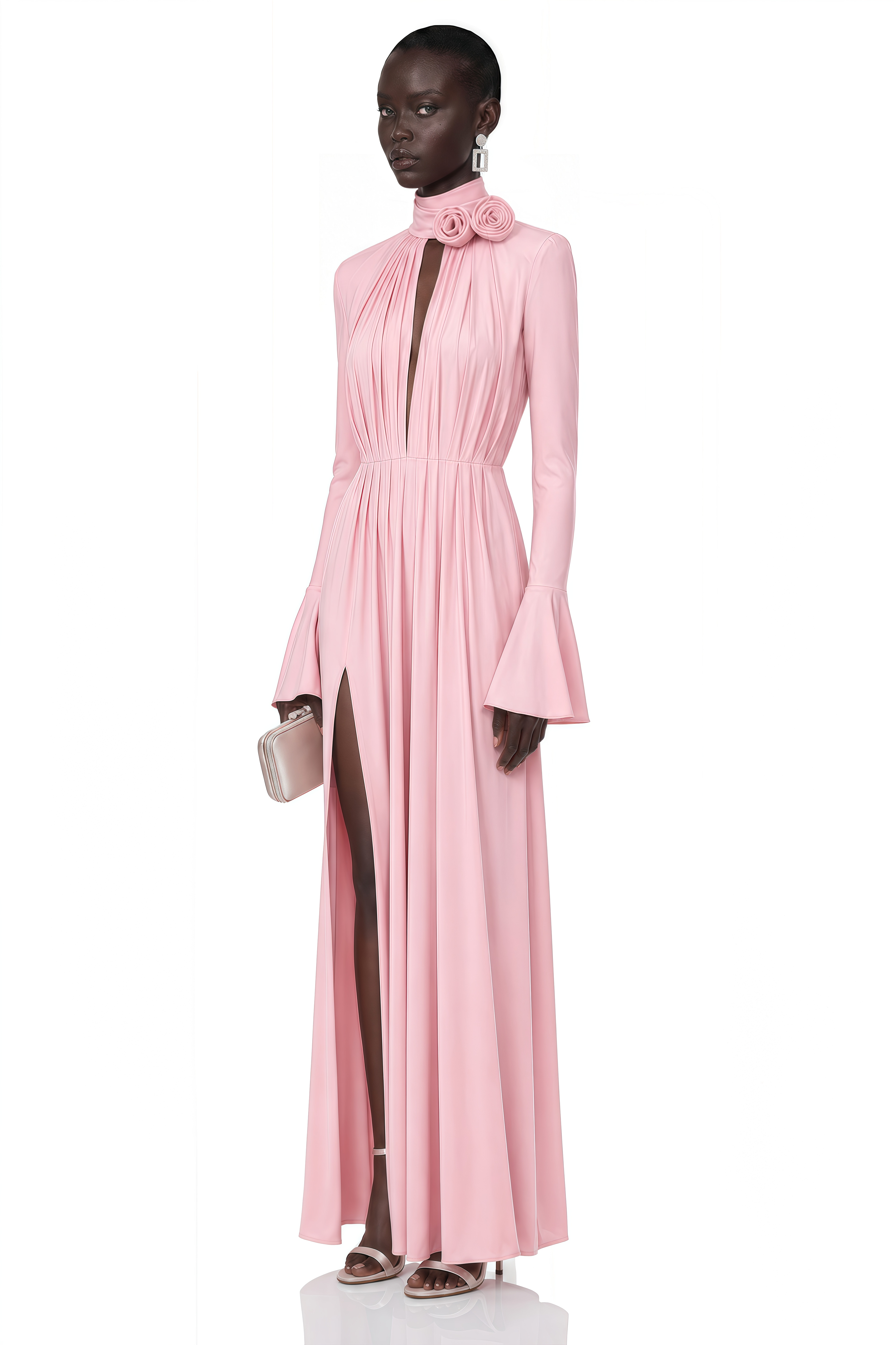 Pink long-sleeve maxi dress with a pussy-bow neck tie and 3D floral accent