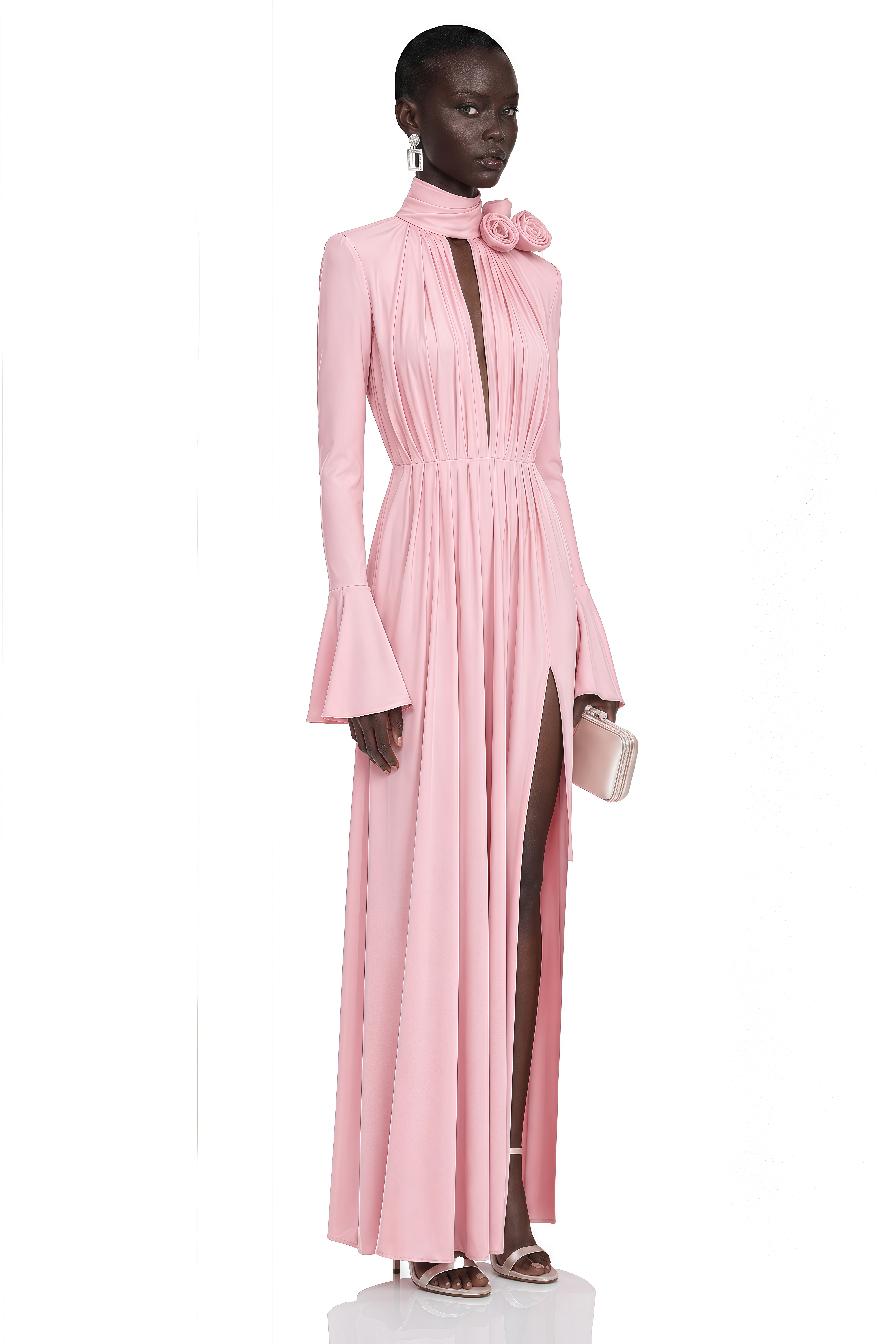 Pink long-sleeve maxi dress with a pussy-bow neck tie and 3D floral accent