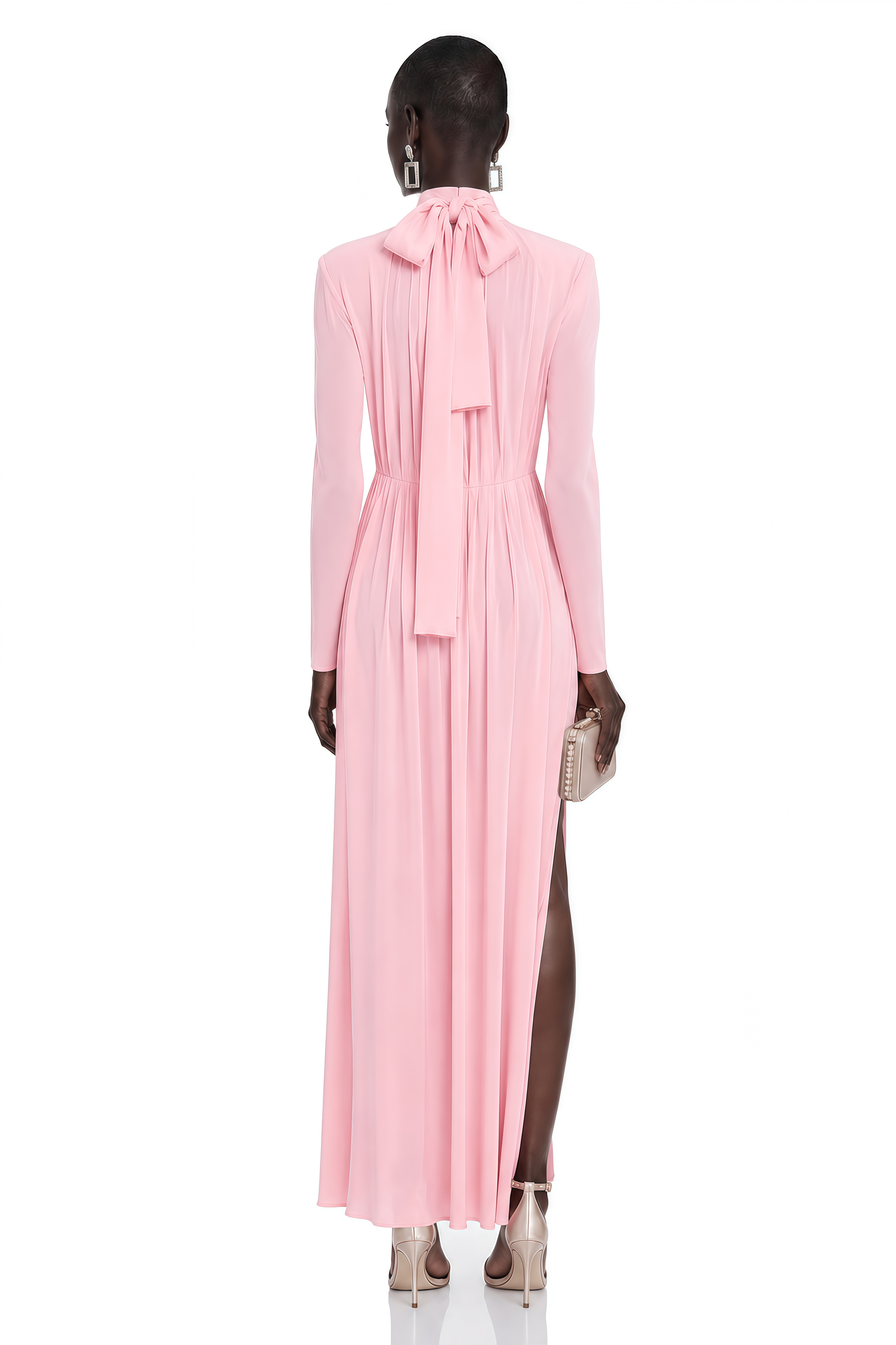 Pink long-sleeve maxi dress with a pussy-bow neck tie and 3D floral accent