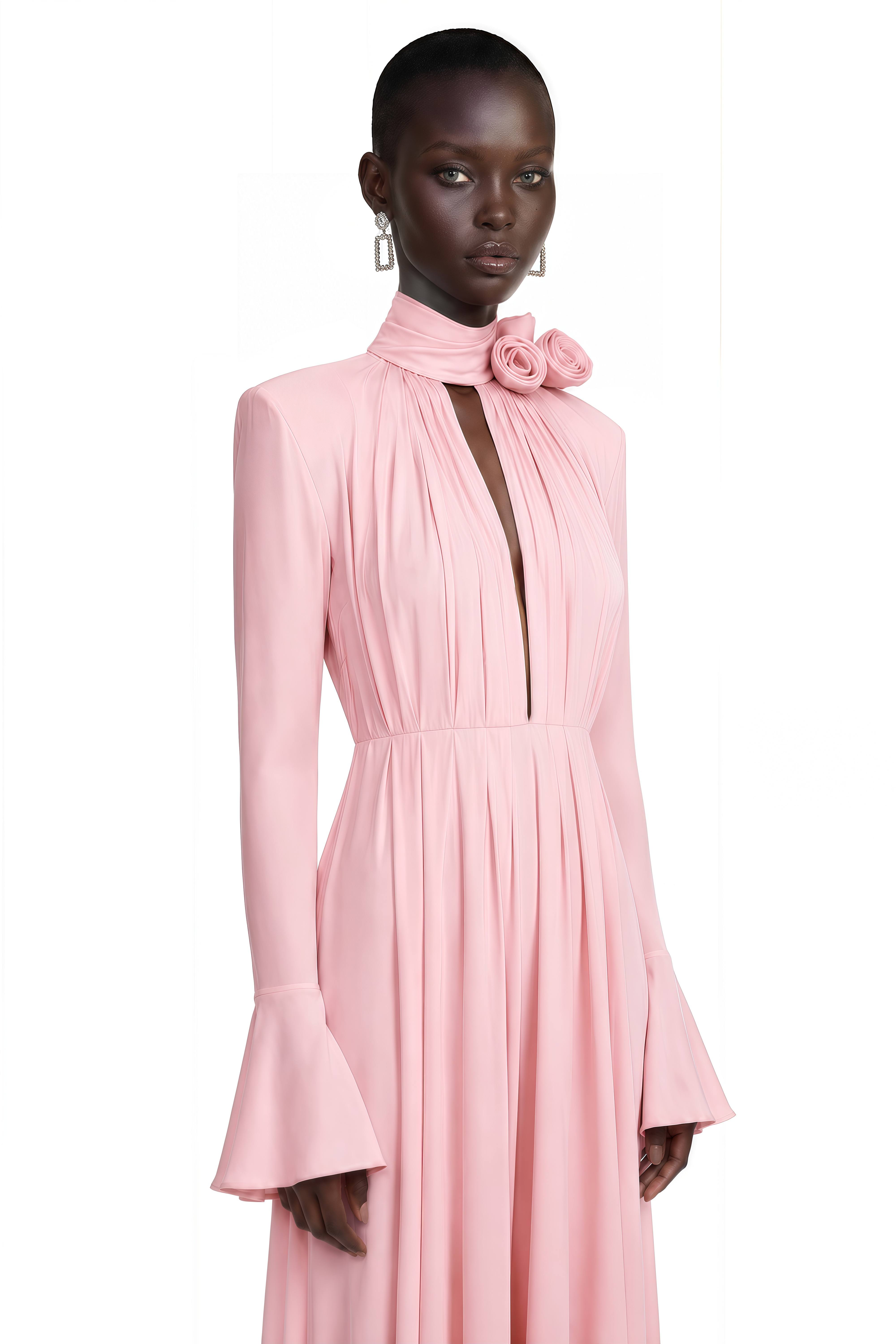 Pink long-sleeve maxi dress with a pussy-bow neck tie and 3D floral accent