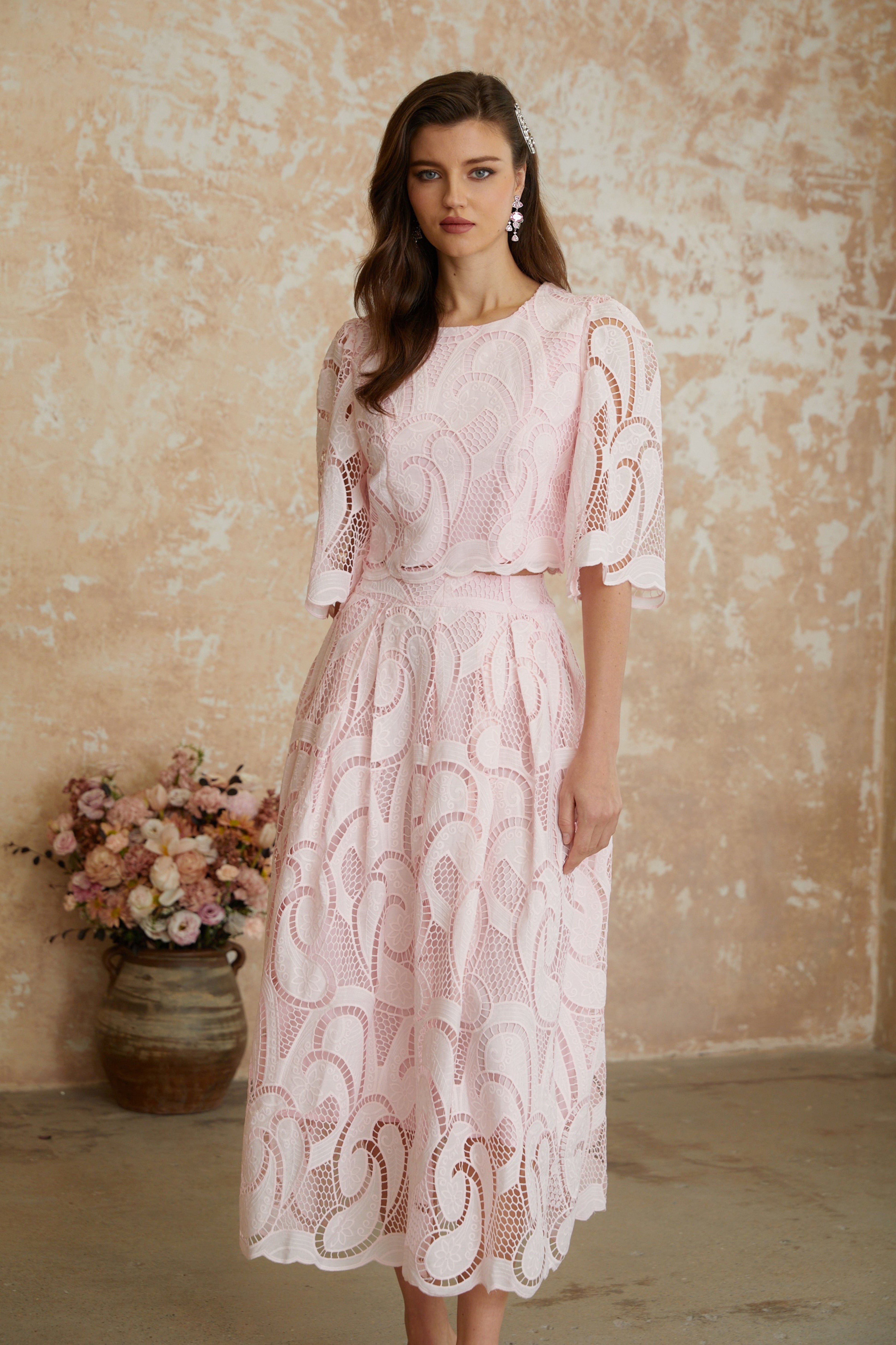 Pink Lace Top & Skirt Set