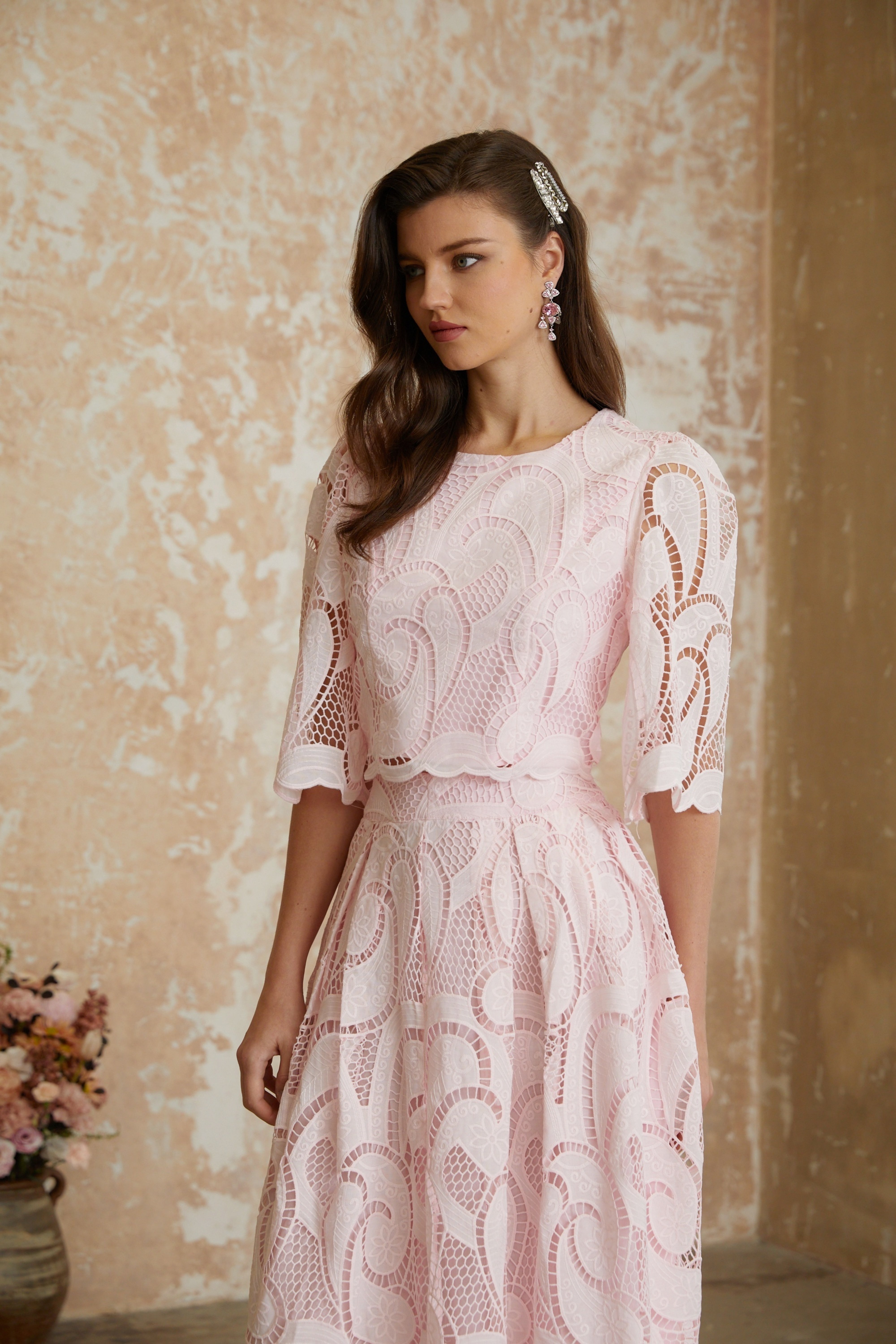 Pink Lace Top & Skirt Set