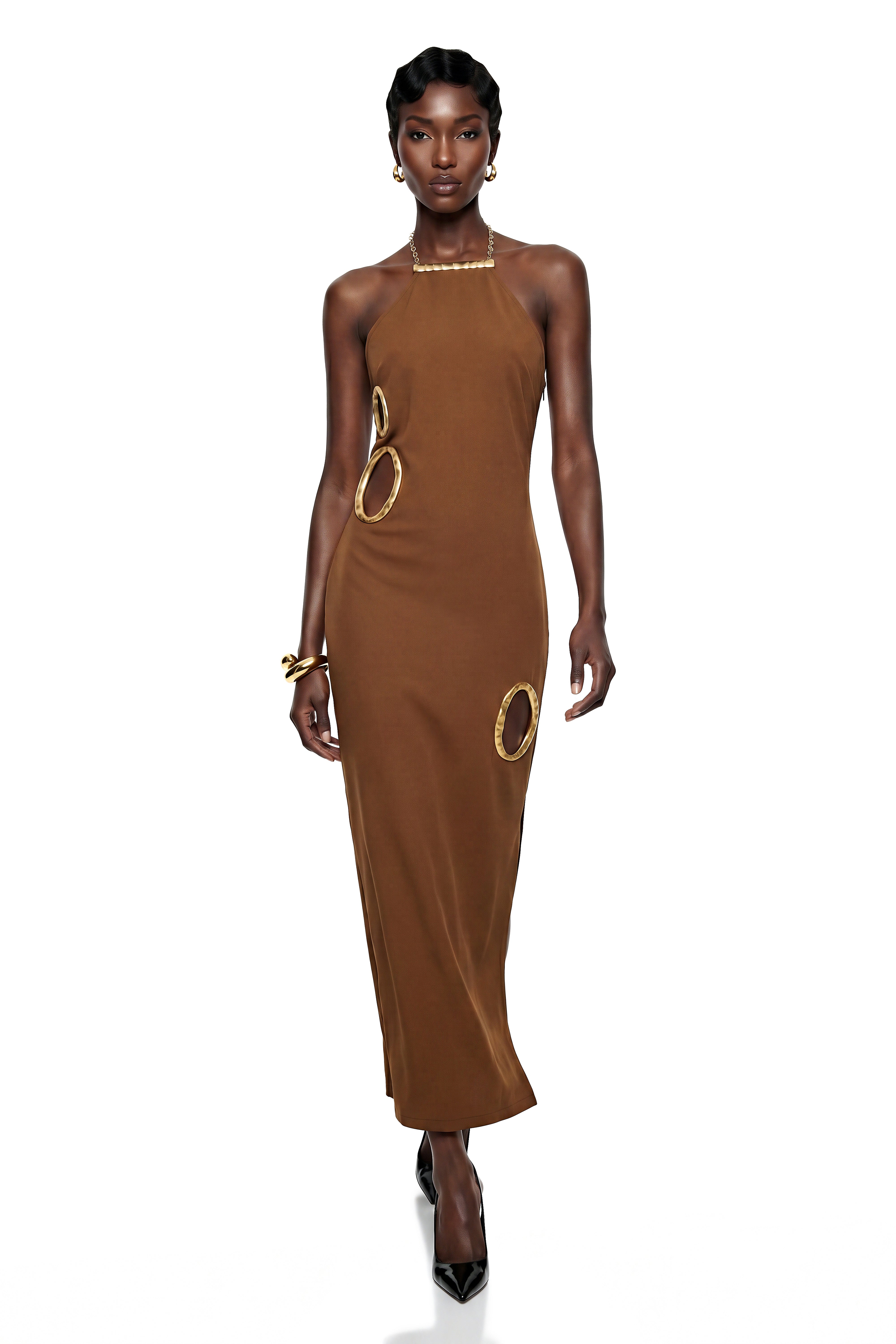 Rosalind Chocolate Brown Open Back Embellished Maxi Dress