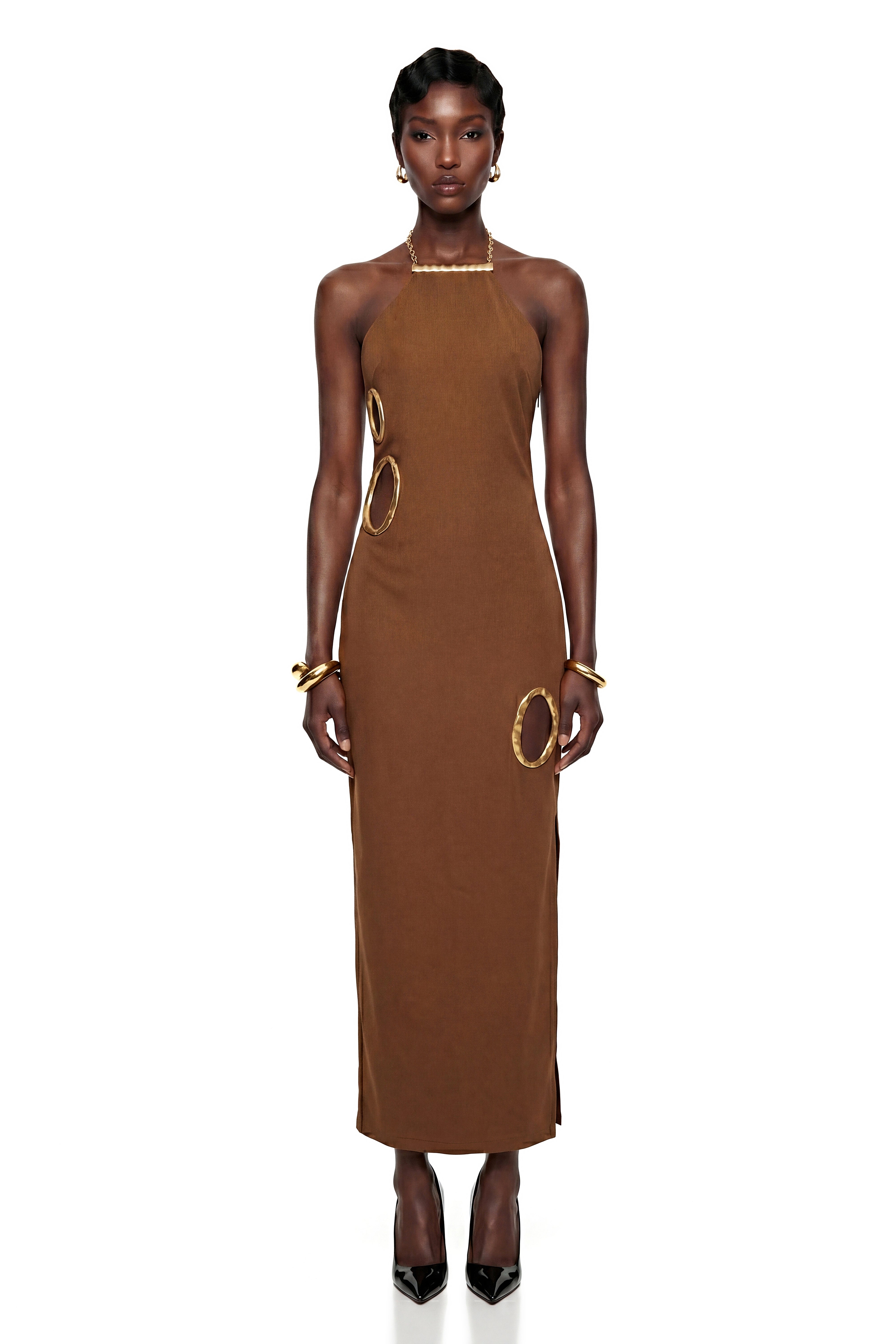 Rosalind Chocolate Brown Open Back Embellished Maxi Dress